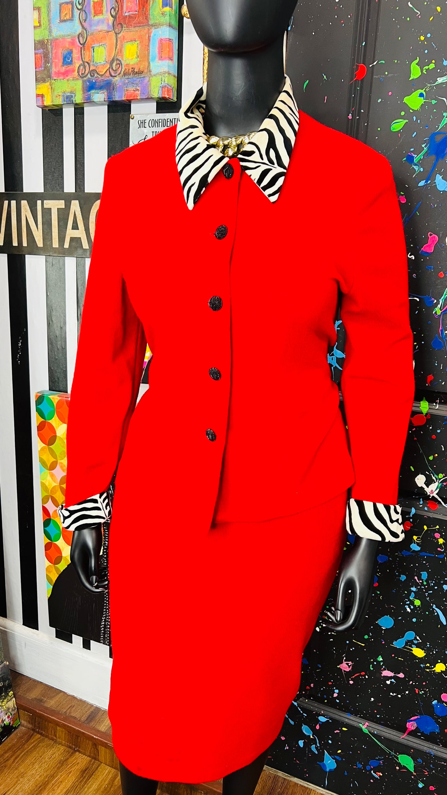 Vintage Red & Zebra Print Skirt Suit - Has Stretch (16)