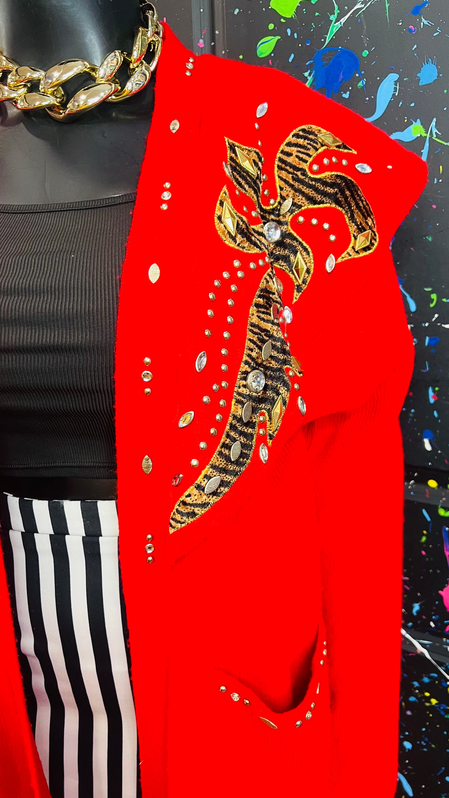 Vintage Red Knit Jeweled & Animal Print Sweater (OS)