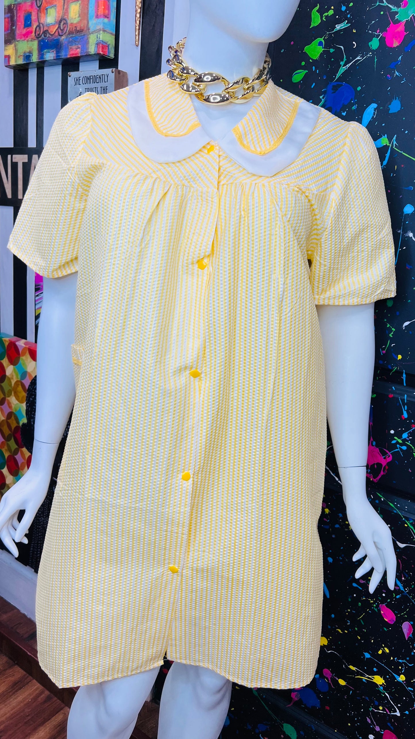 Vintage Yellow & White Striped Night Gown- Dead Stock New w/Tags (14)
