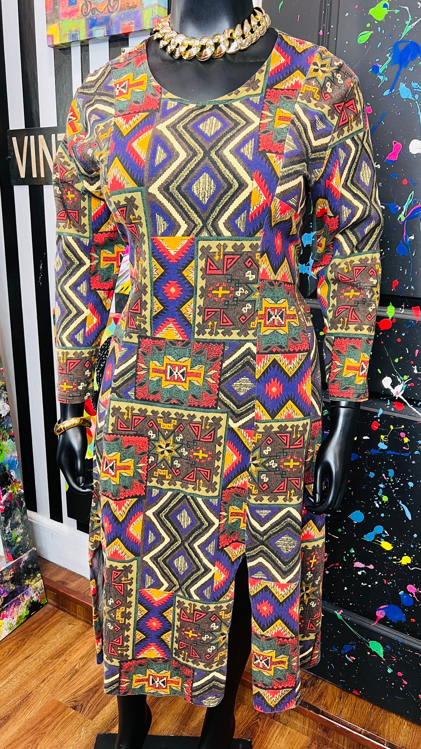 Vintage Cotton Tribal Print Dress (12/14)