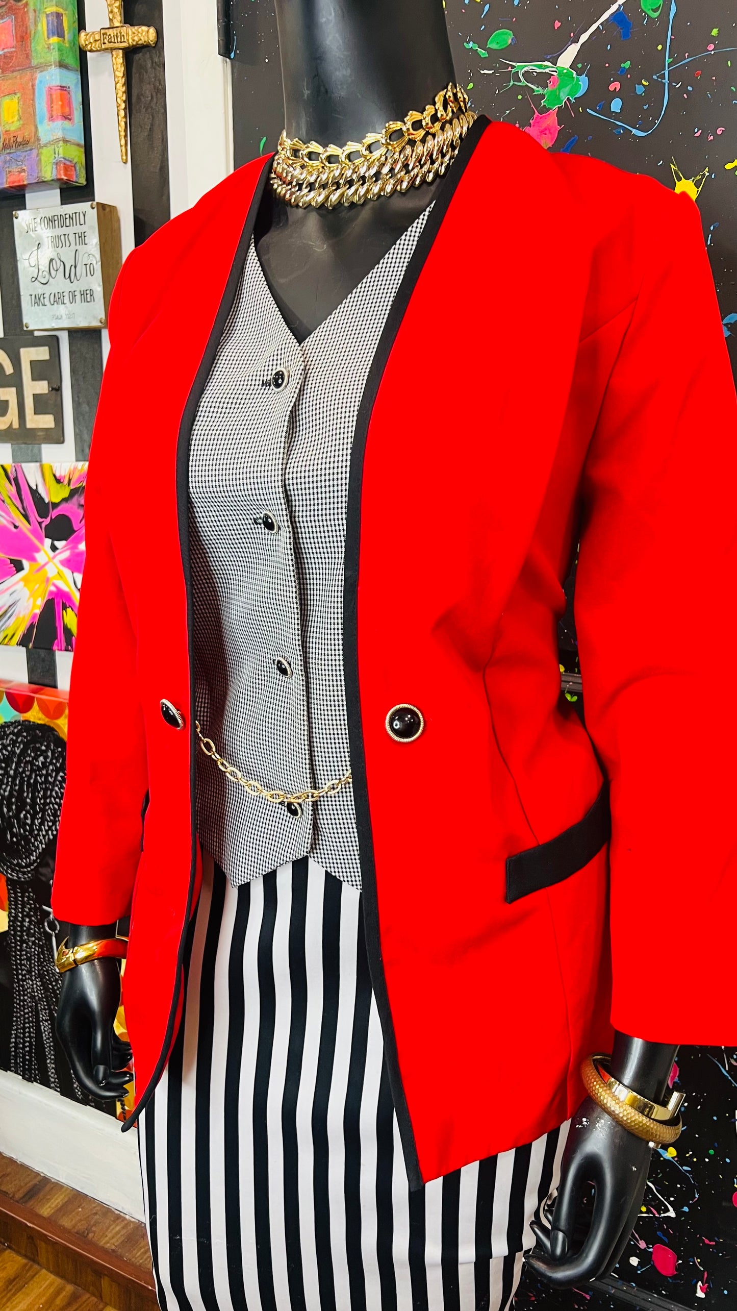 Vintage Red & Black Houndstooth Blazer (18W)