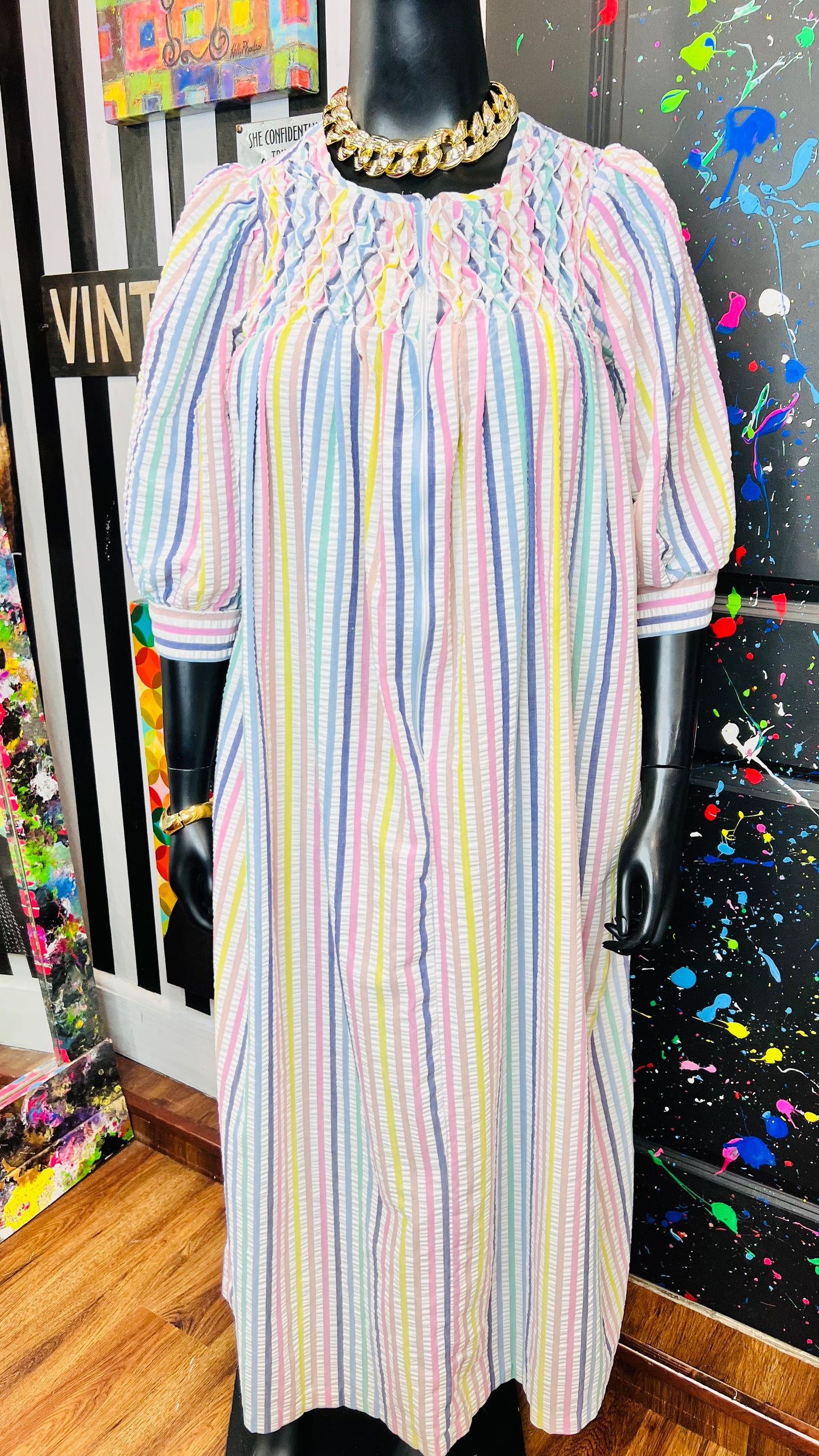 Vintage Striped Pastel Night 70’s Gown (12/14)