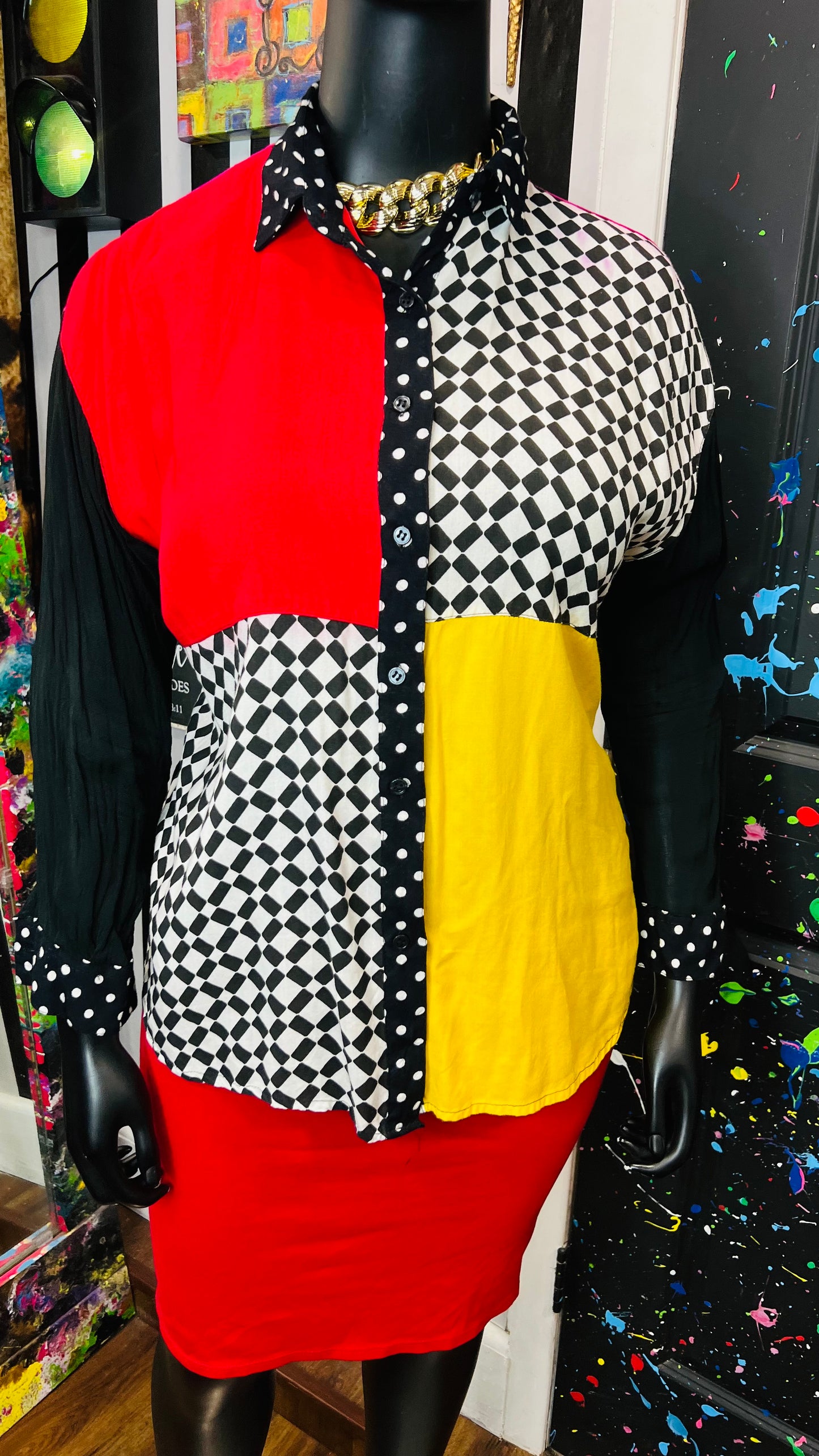 Plus Size Vintage Color Block Sheer Arms Blouse (18/20)