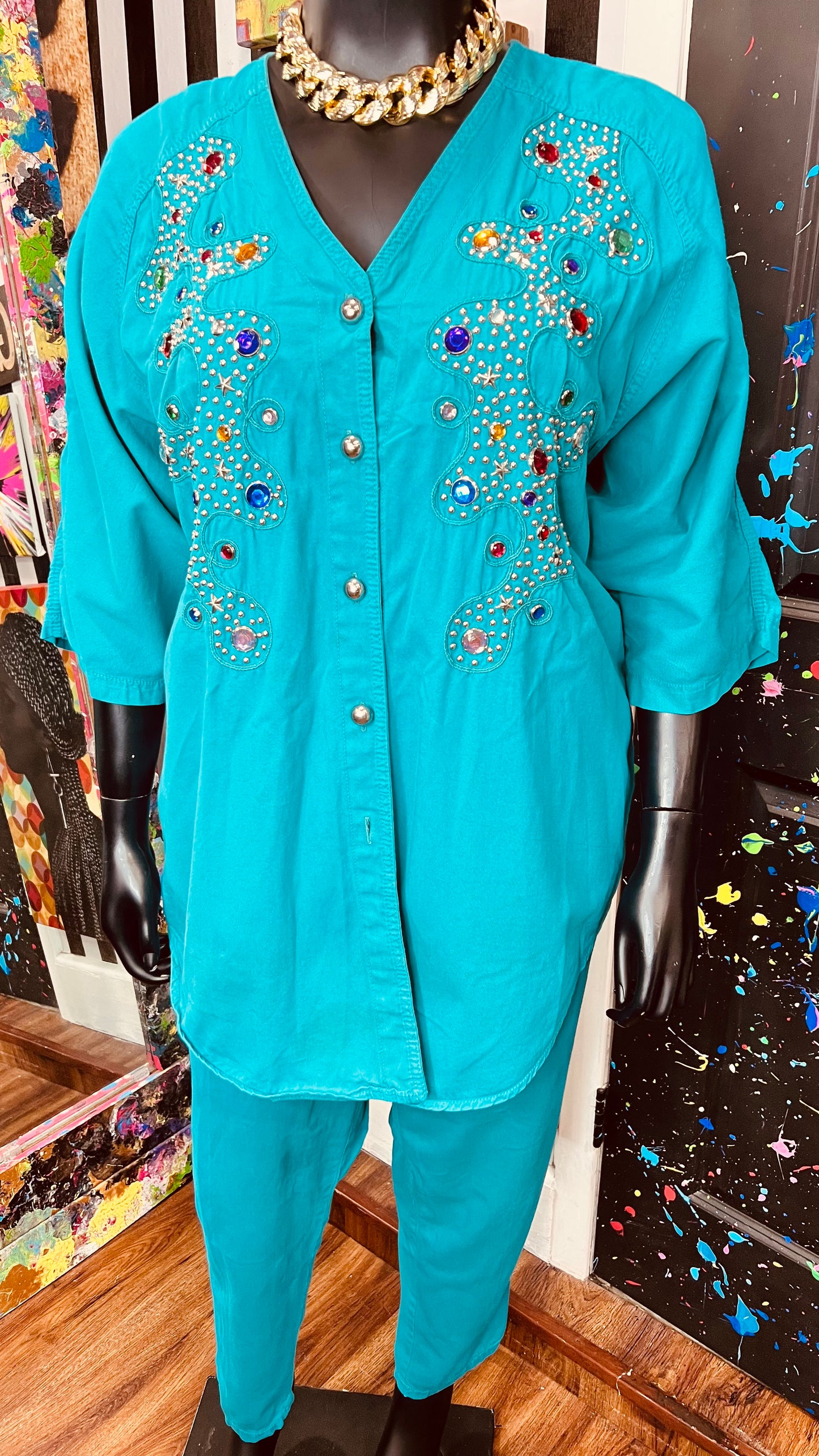 Vintage Teal Denim Jewel & Studds Pants Set (22/24)