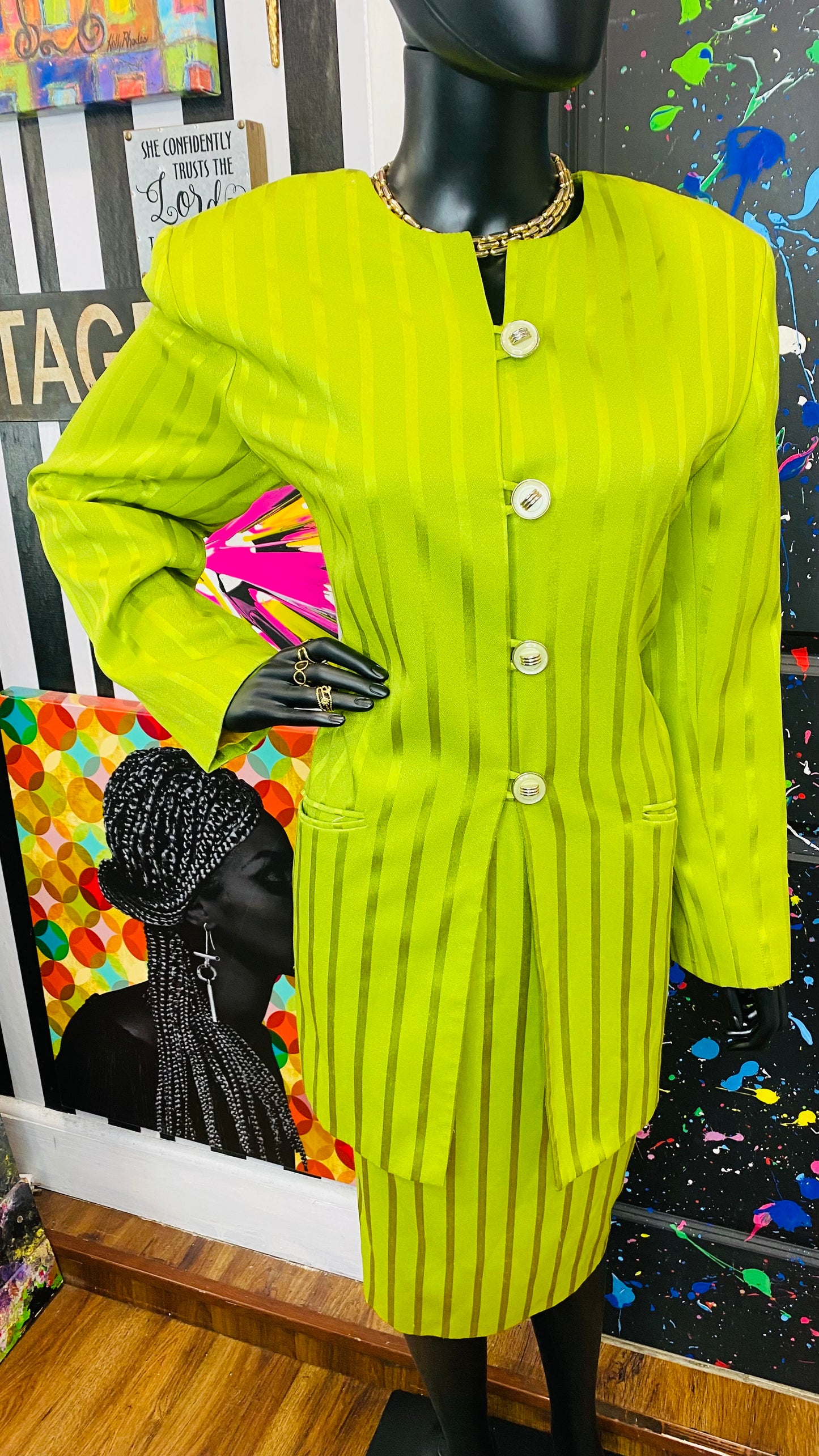 Vintage Green Striped Skirt Suit (14)