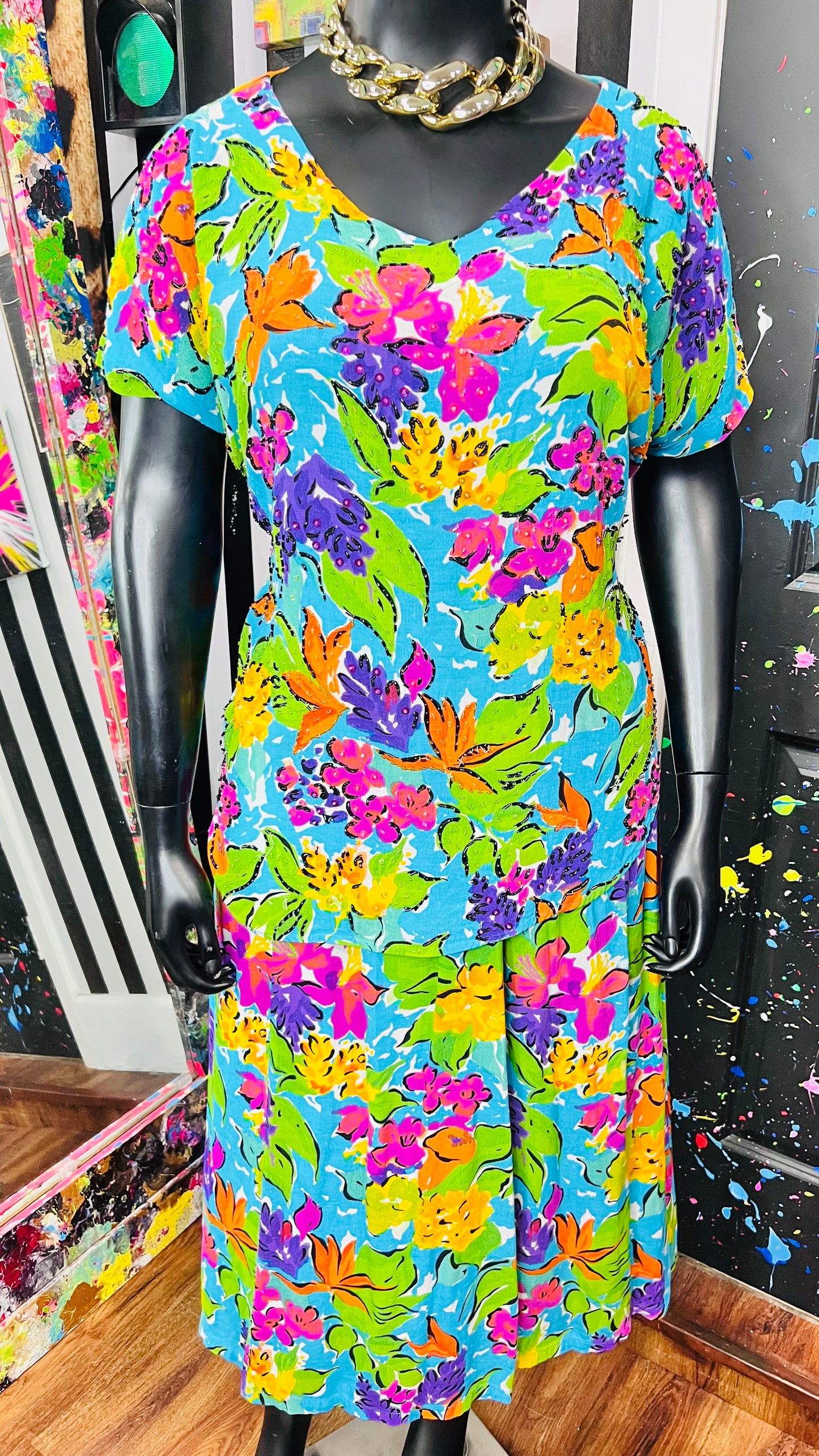 Vintage We Be Bop Floral & Sequin Rayon Skirt Set (20) *KC