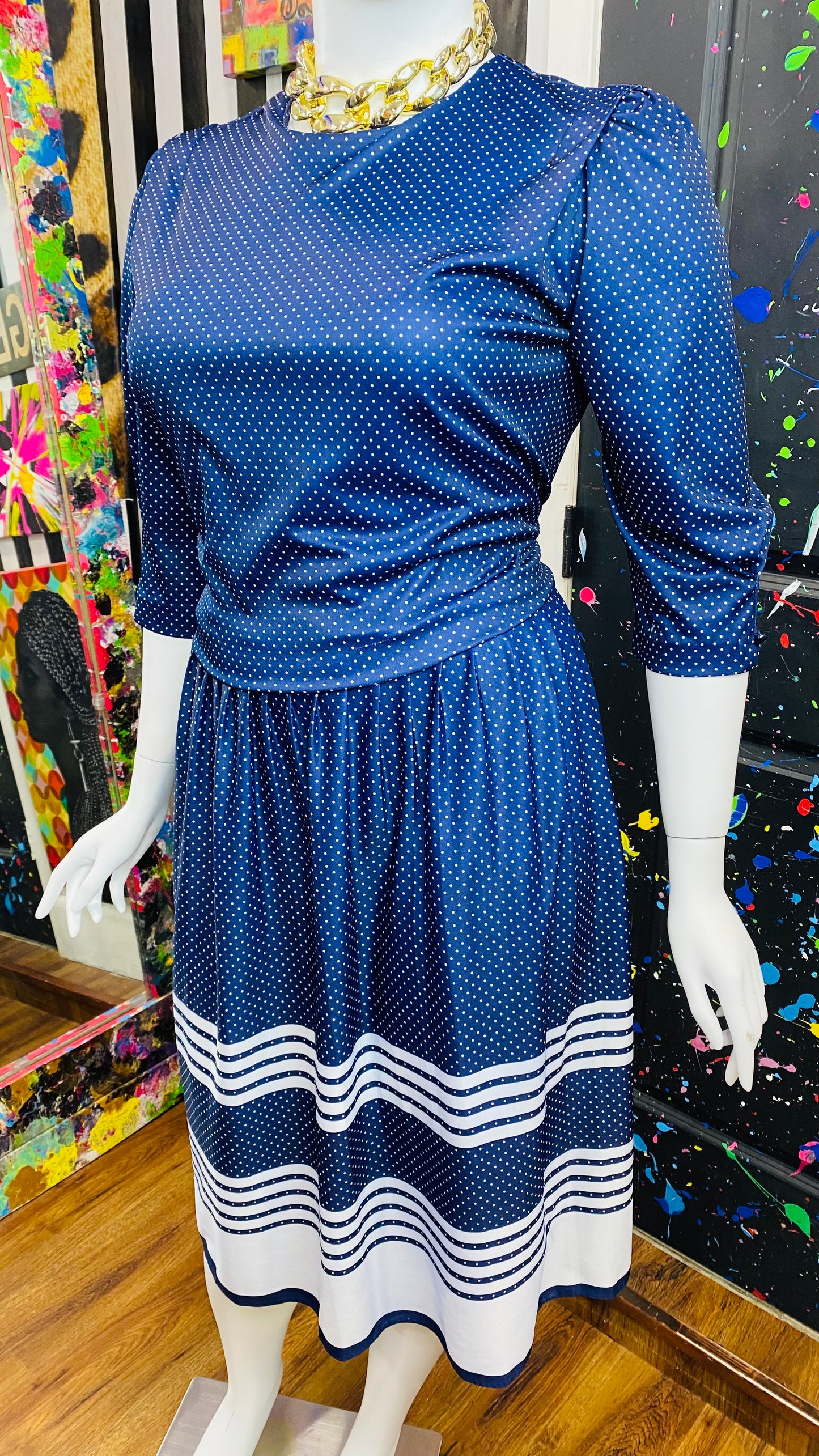Vintage Navy Blue & White Polka Dot Dress (20W)