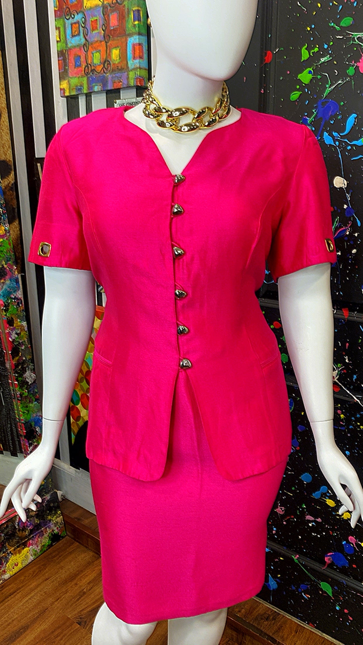 Vintage Vibrant Pink Skirt Suit W/ Gold Accents (20W)