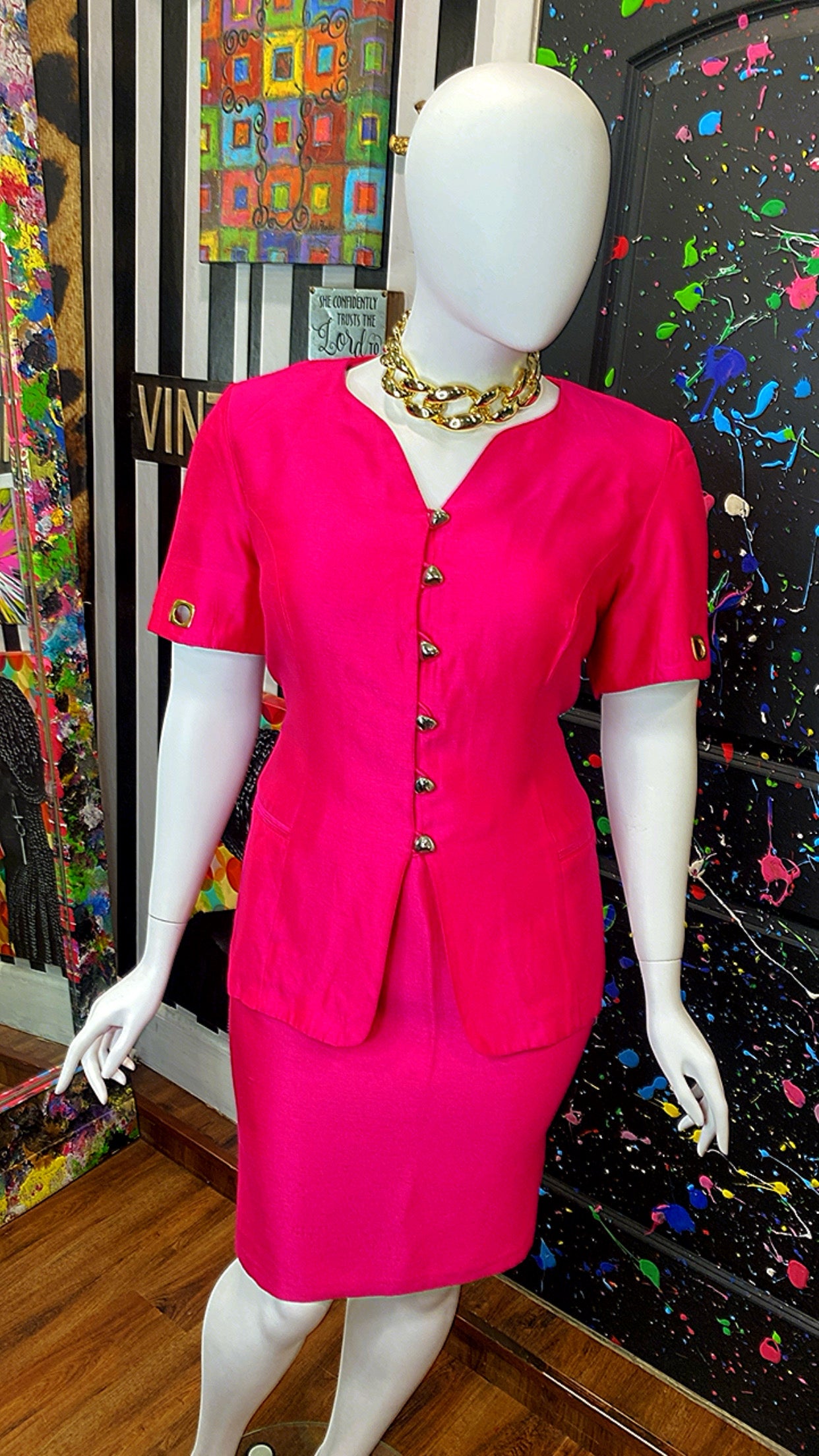 Vintage Vibrant Pink Skirt Suit W/ Gold Accents (20W)