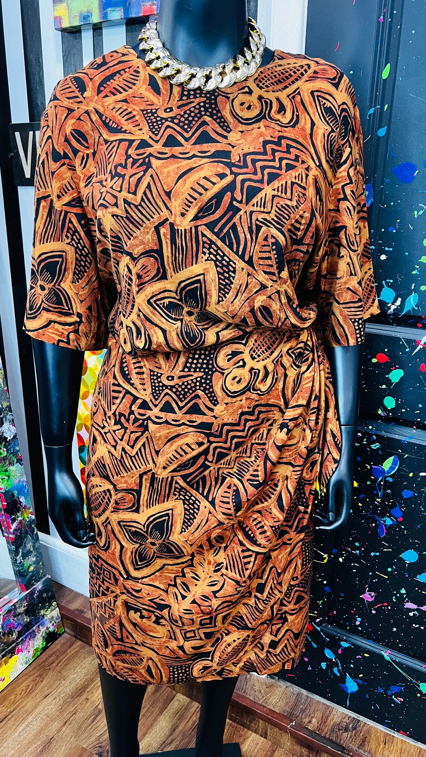 Vintage Rayon Sarong Style Tribal Print Dress (28) - Fits Like a 22