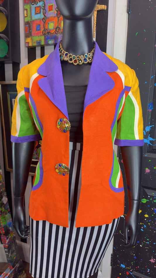 Vintage Color Block Short Sleeve Open Blazer (16)