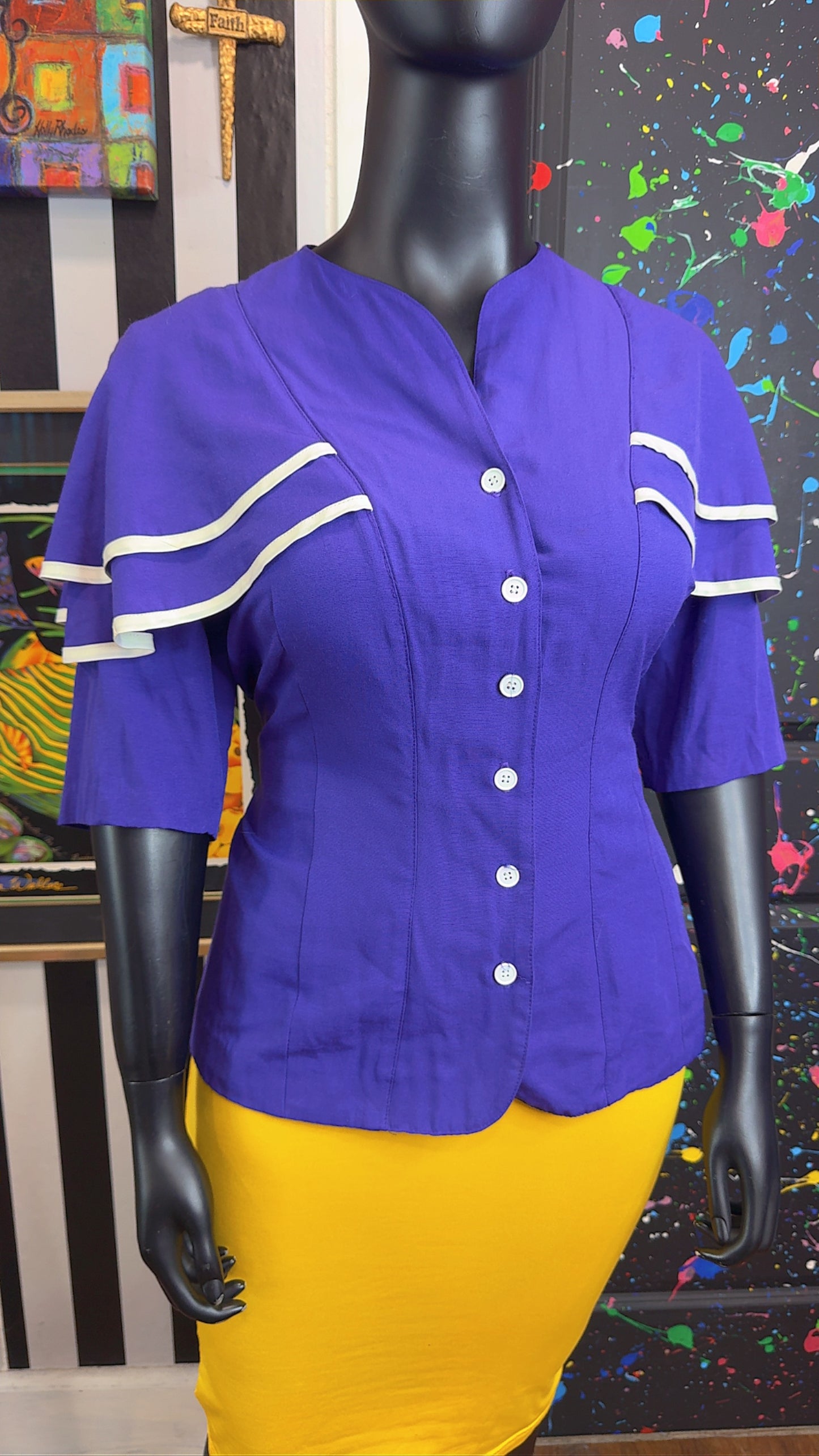 Vintage Chic Purple & White Ruffle Blouse (18) *KC