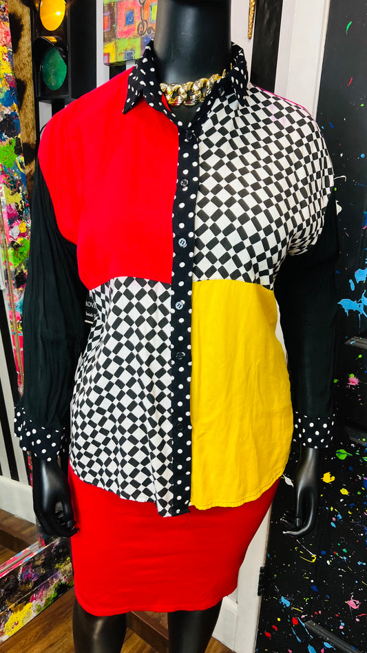 Plus Size Vintage Color Block Sheer Arms Blouse (18/20)