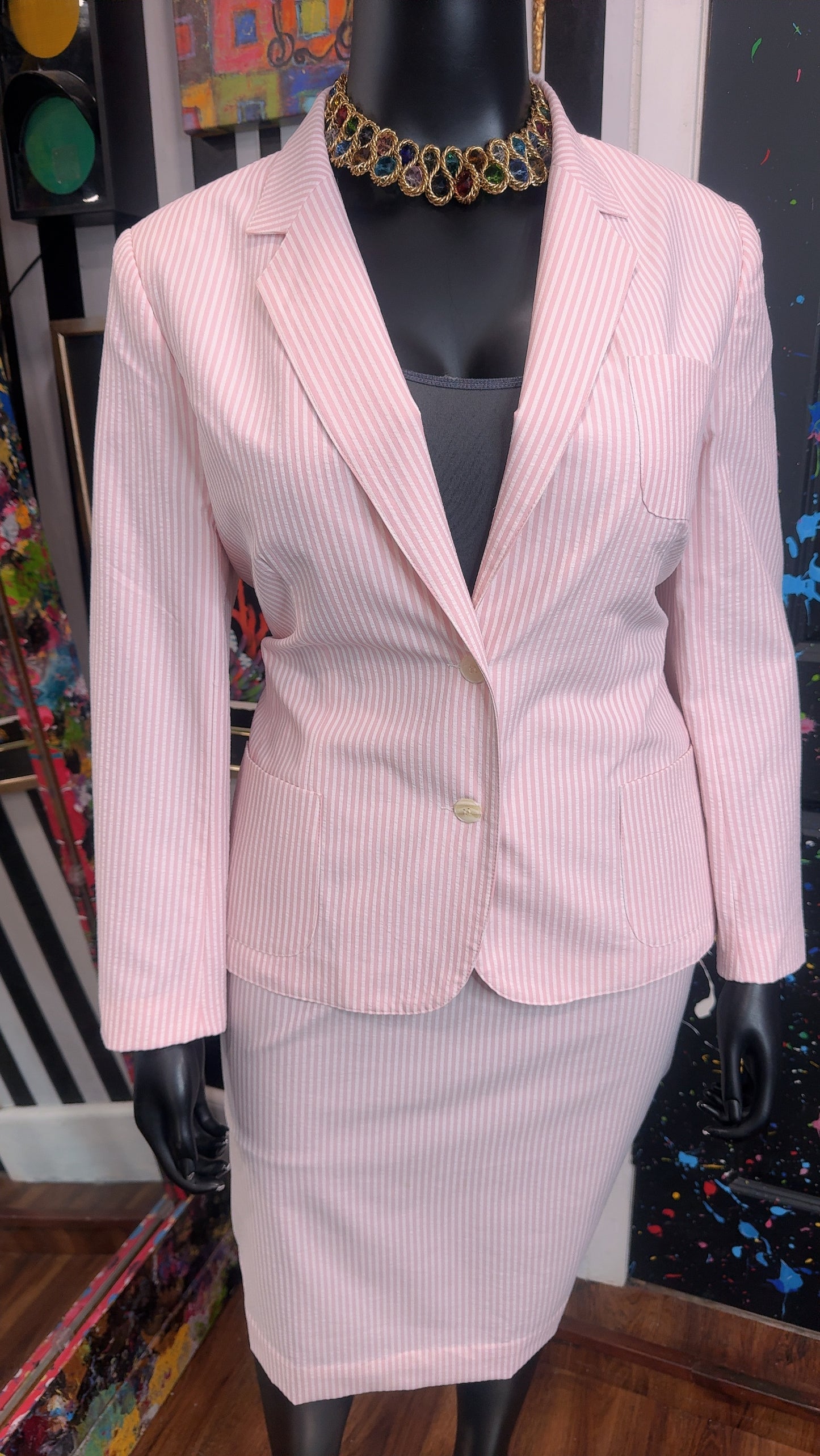 Vintage Pink & White Striped Blazer & Skirt Set (18)