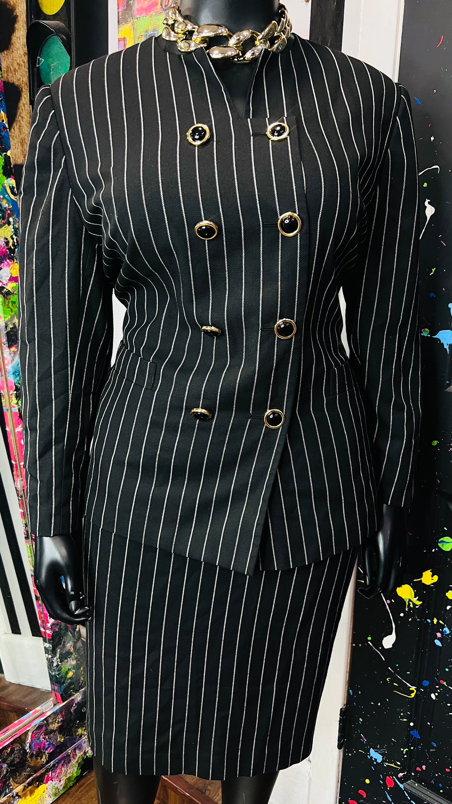 Vintage Black & White Striped Skirt Suit (20W)