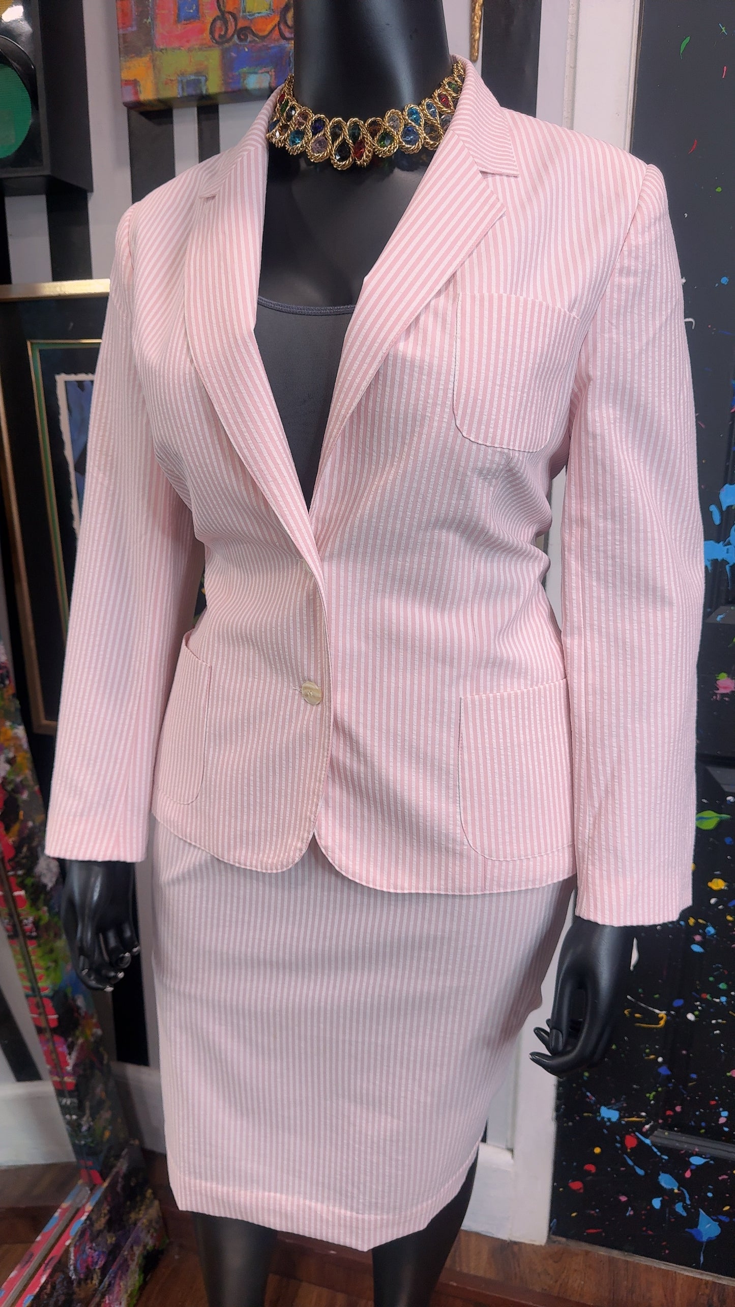 Vintage Pink & White Striped Blazer & Skirt Set (18)