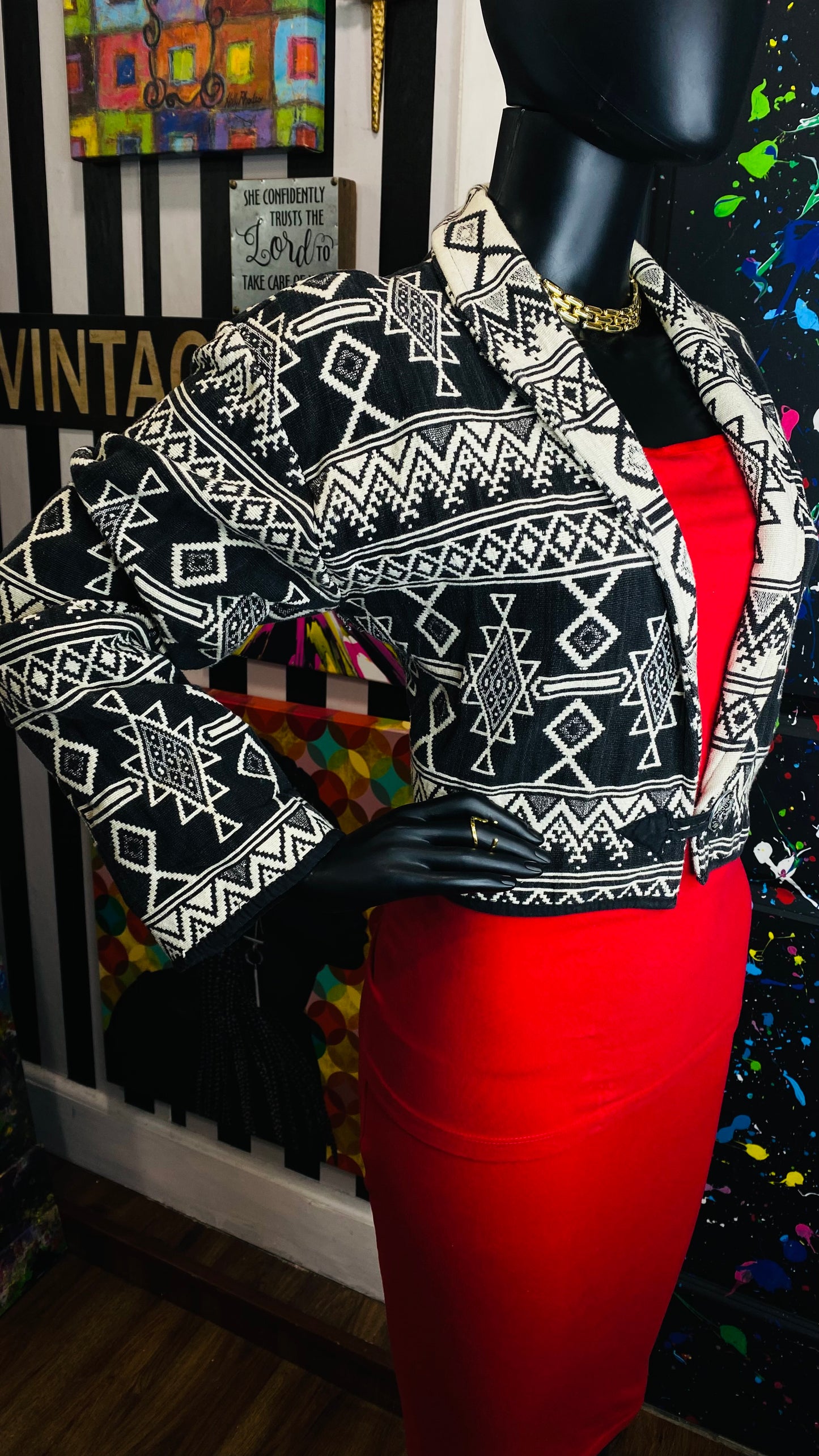 Vintage Cropped Tribal Print Blazer (12)