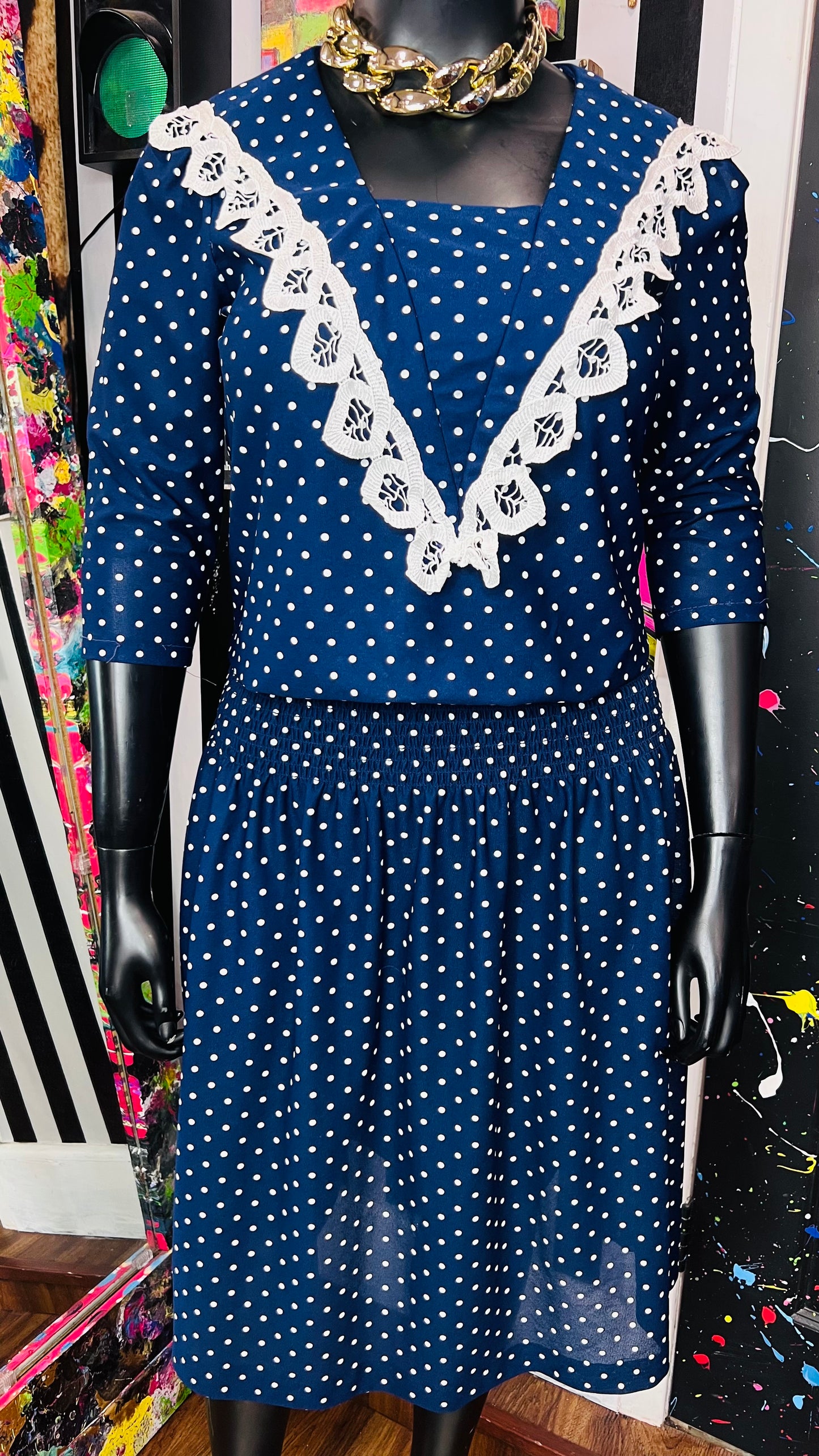 Vintage Navy Blue & White Polka Dot Dress (12)
