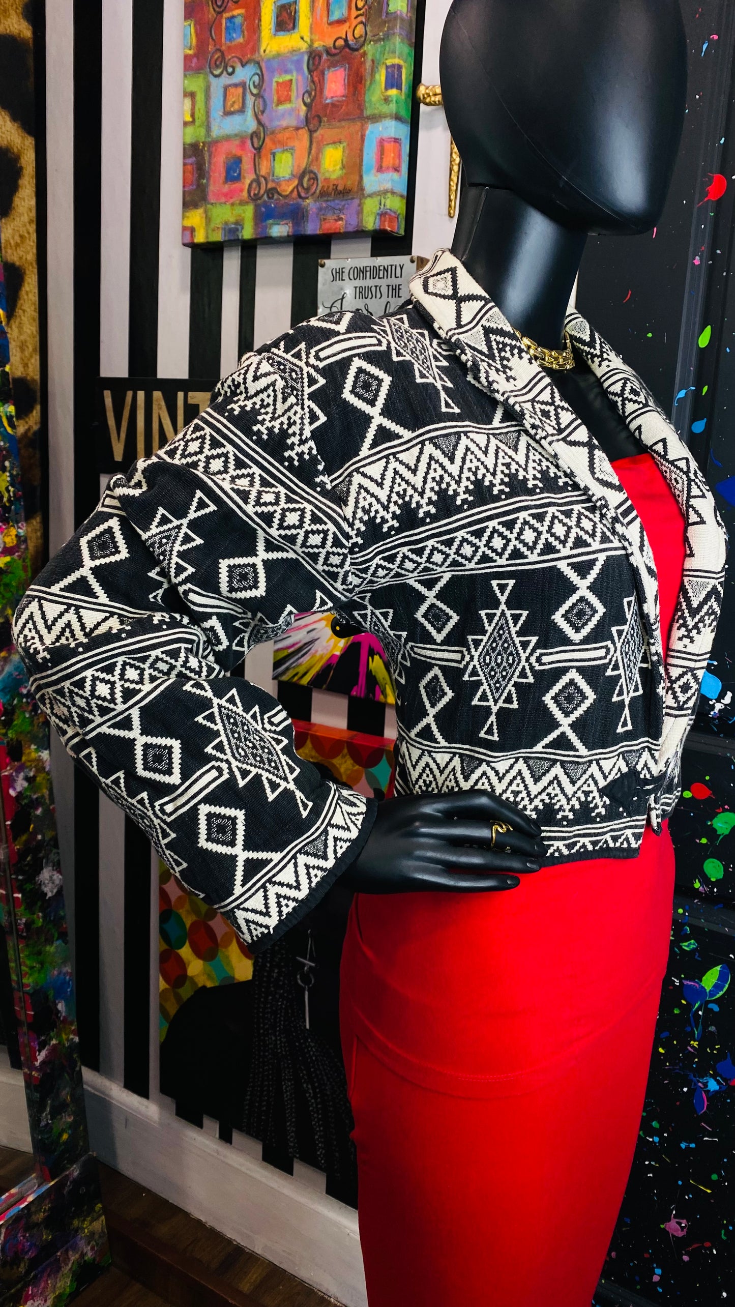 Vintage Cropped Tribal Print Blazer (12)