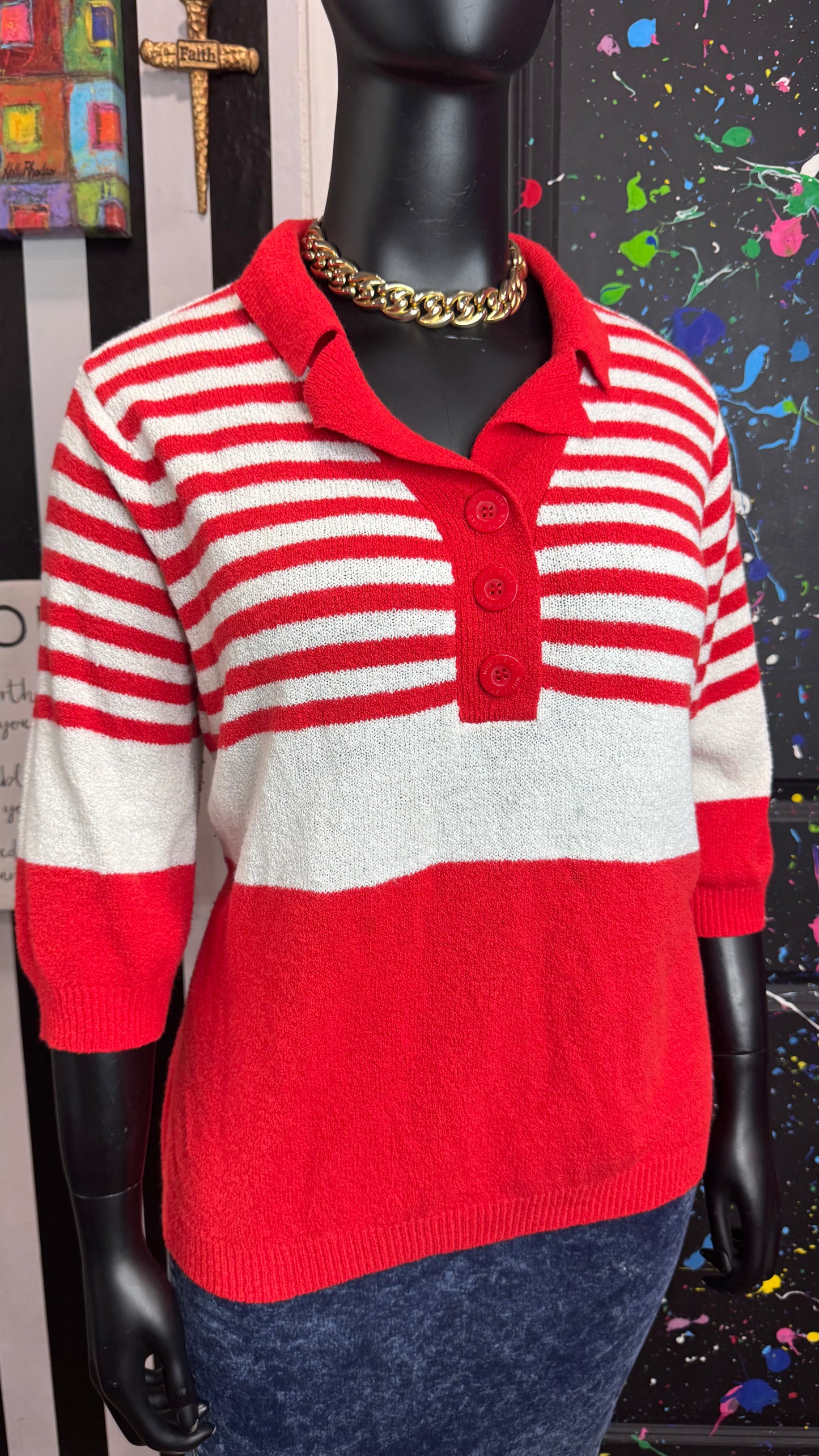 Vintage Red & White Striped Short Sleeve Blouse (24/26)