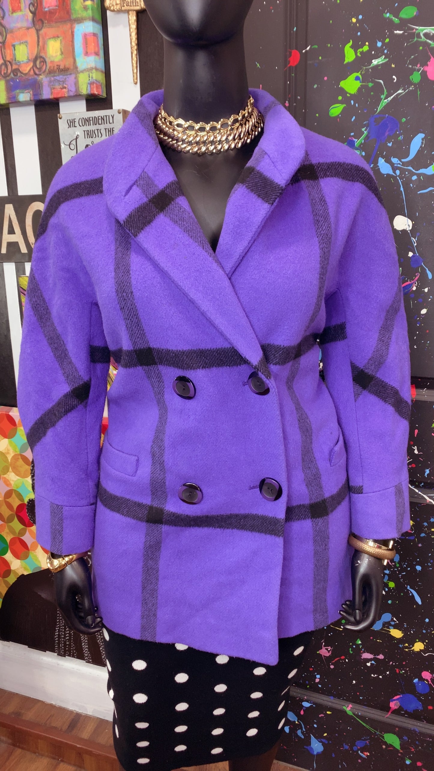 Vintage Purple & Black Striped Wool Coat w/ Lining (16)