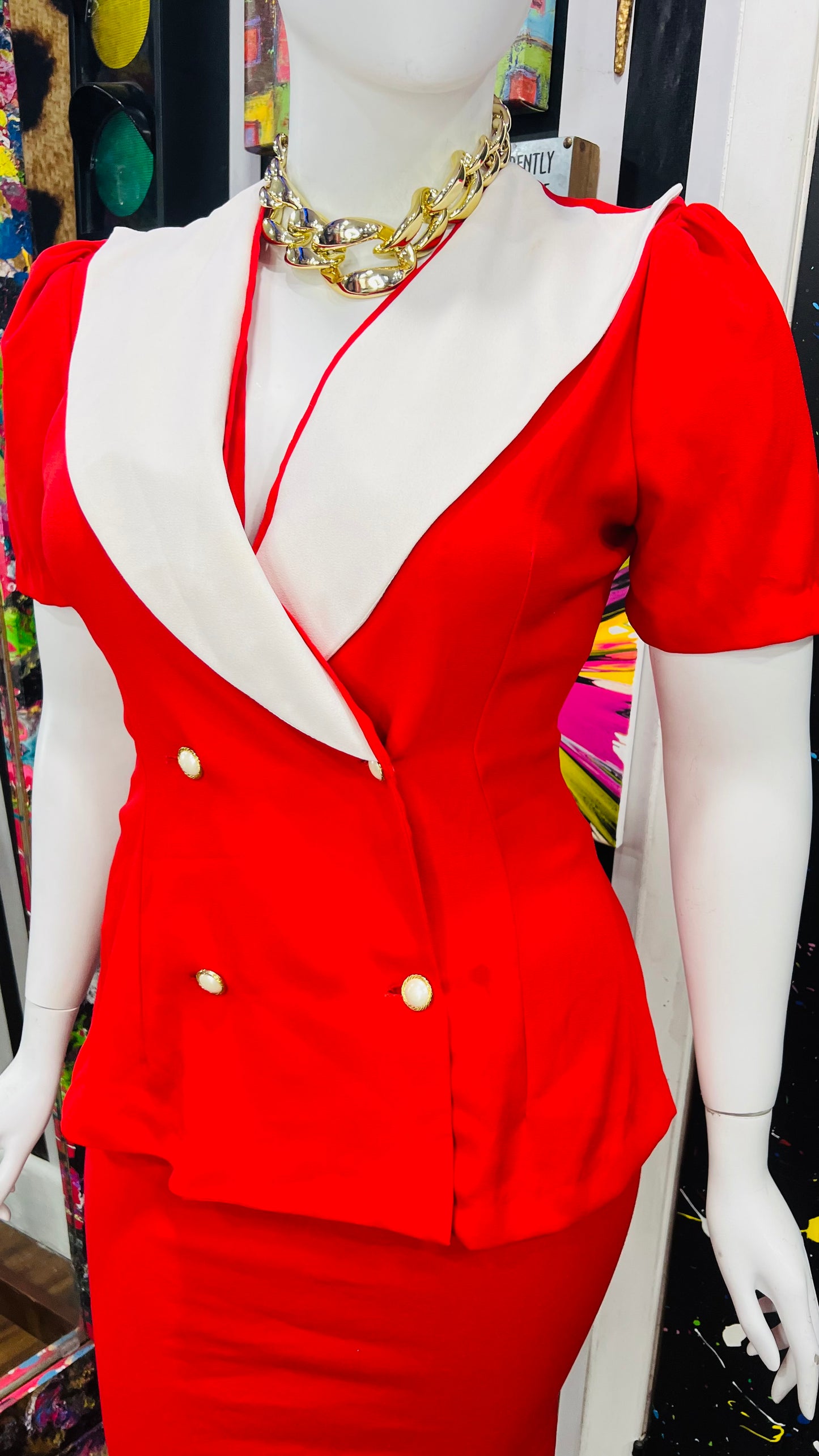 Vintage Red & White Blazer Blouse (18)