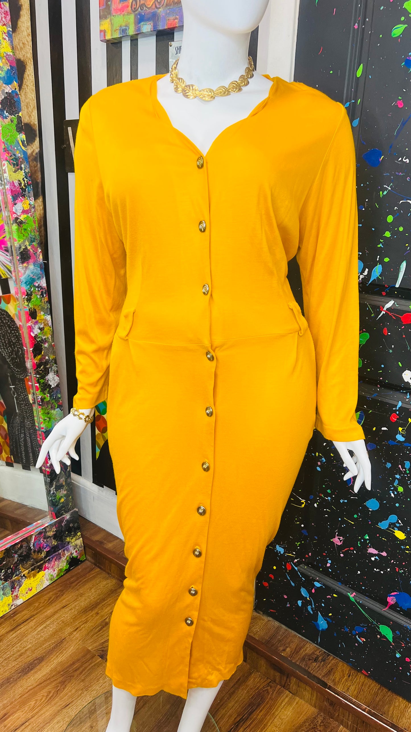 Vintage Cotton Mustard Yellow- Stretch Dress (20)