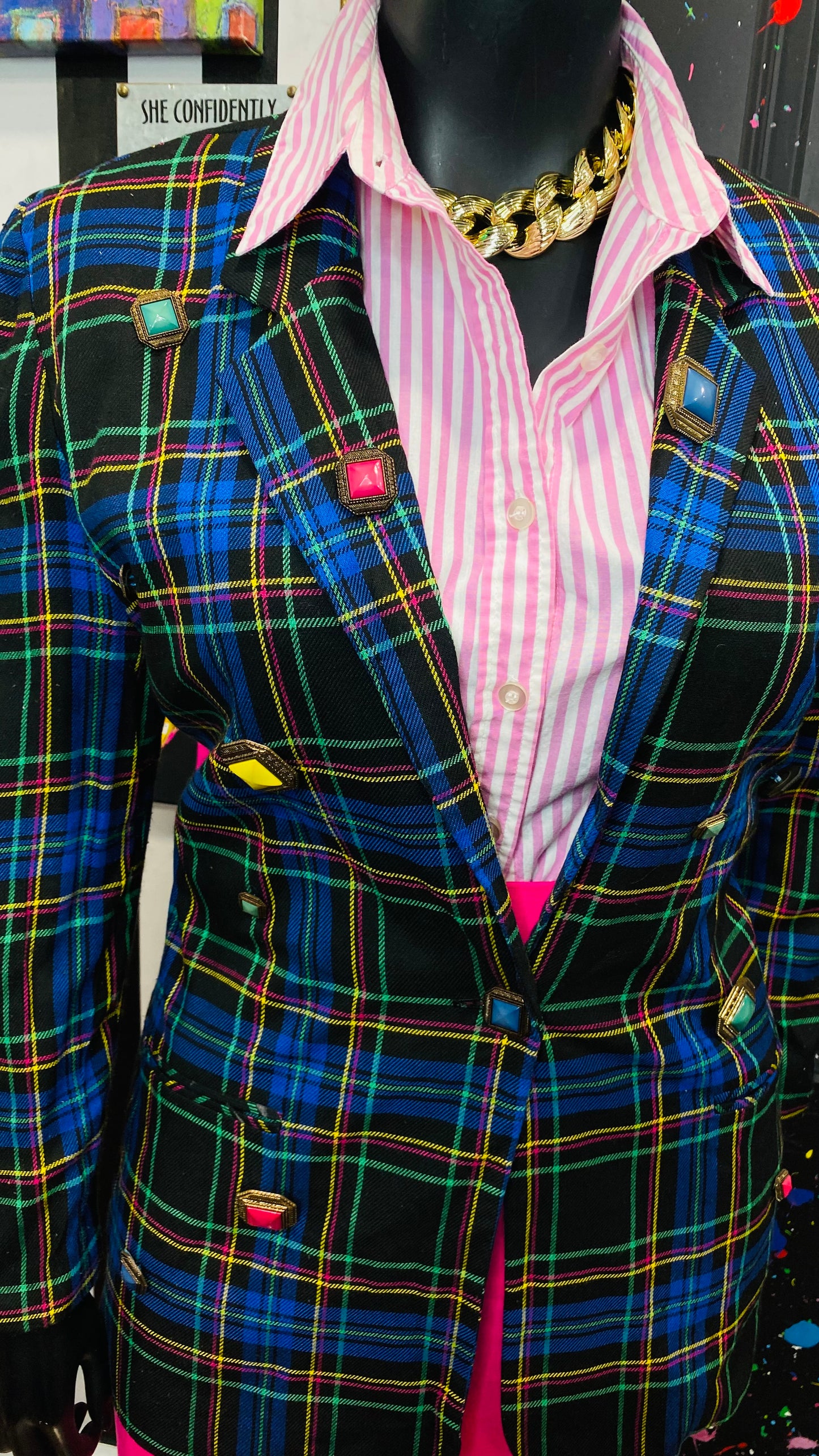 Plus Size Vintage Plaid Button Blazer (14)
