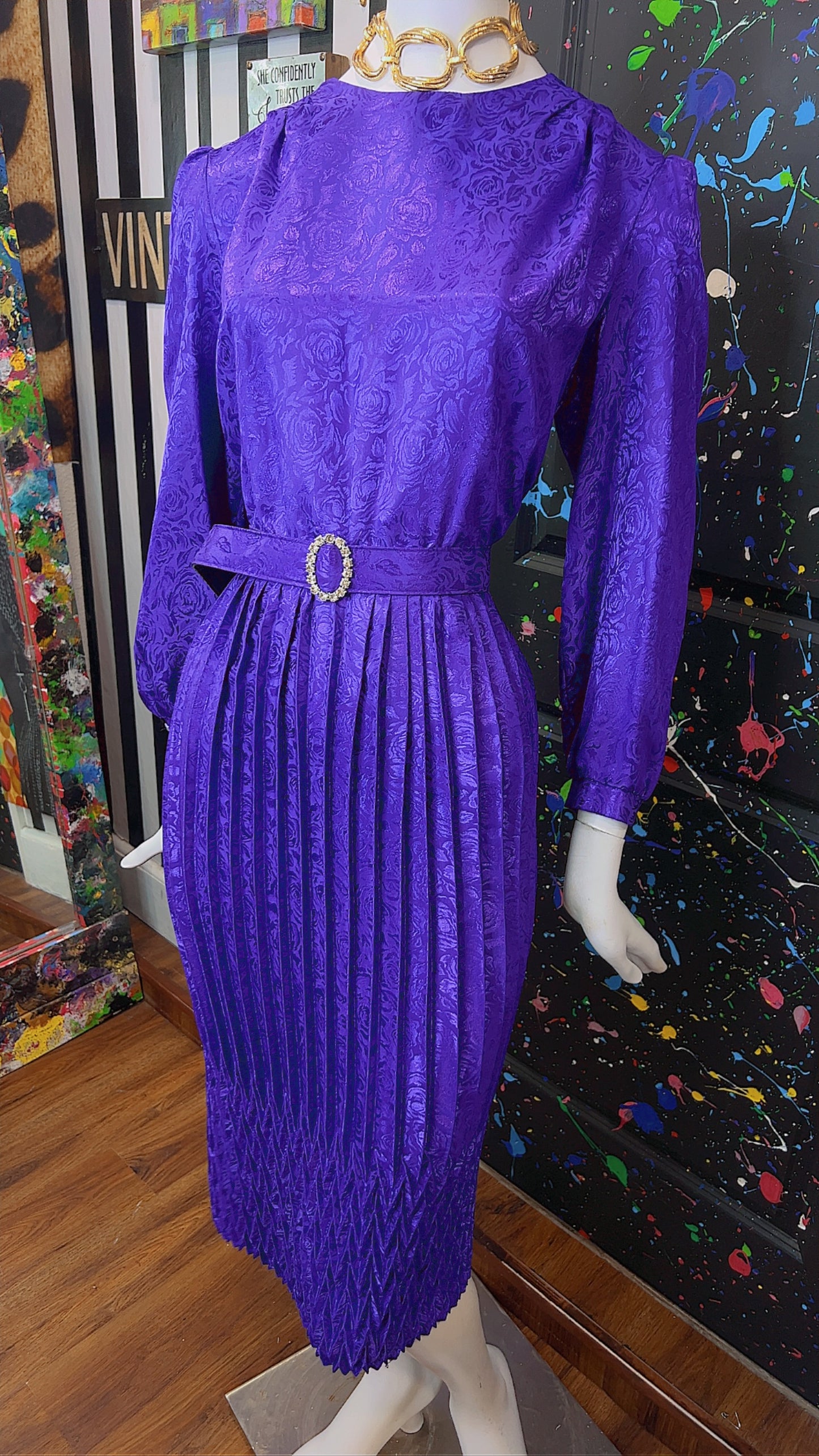 Vintage Purple Pleated Dress w/ Belt (16)