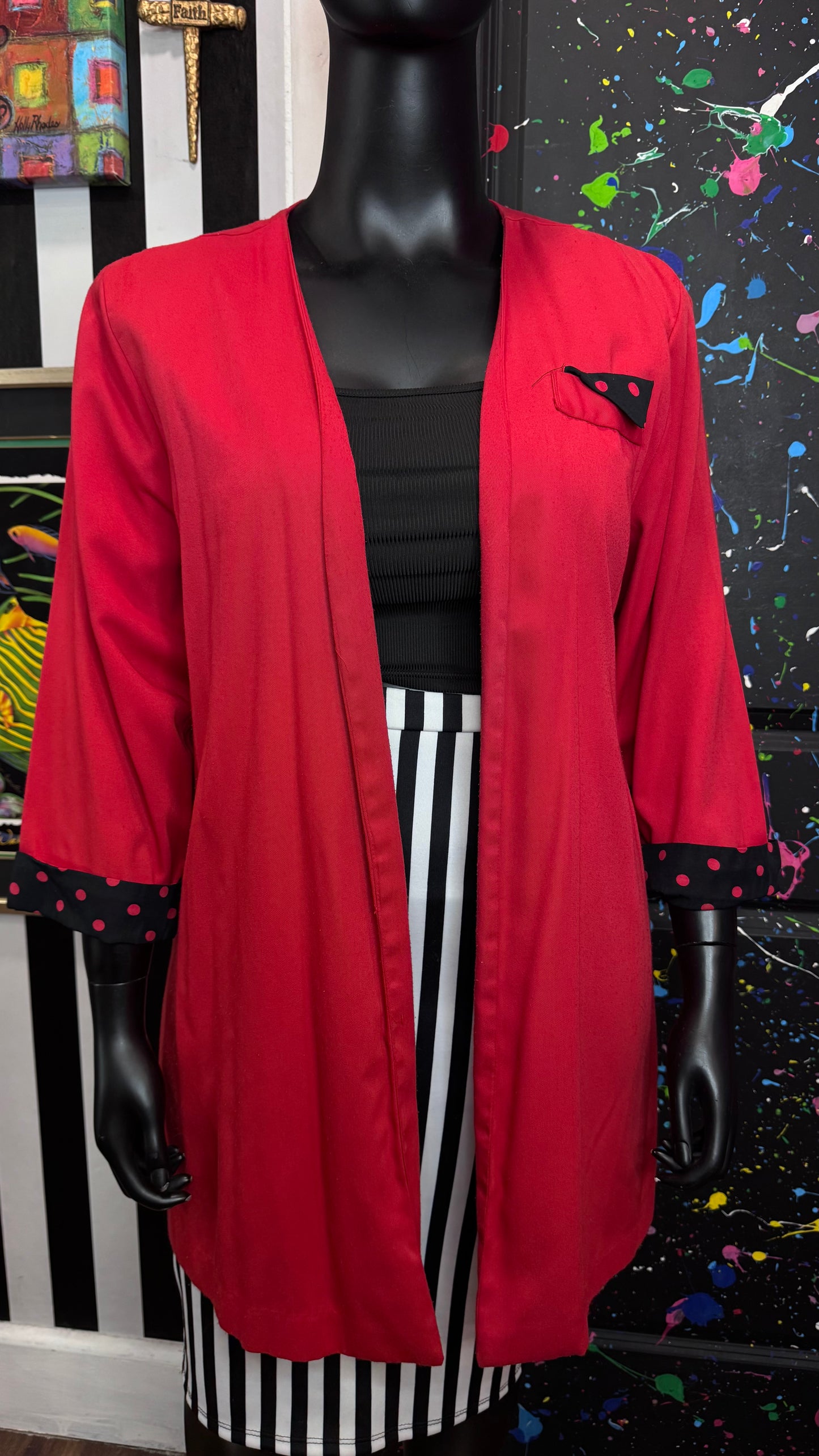 Vintage Red & Black Polka Dot Accent Open Duster (22)