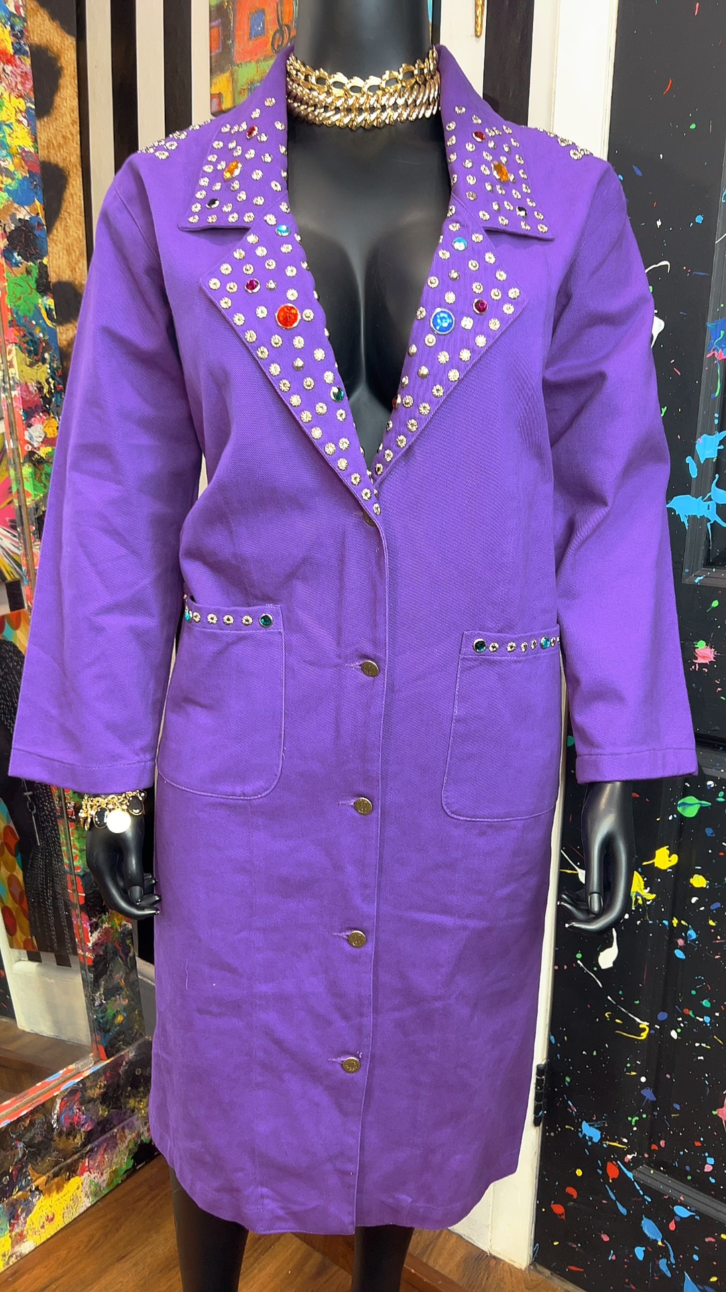 Vintage Purple Denim Jeweled Trench Coat (16)