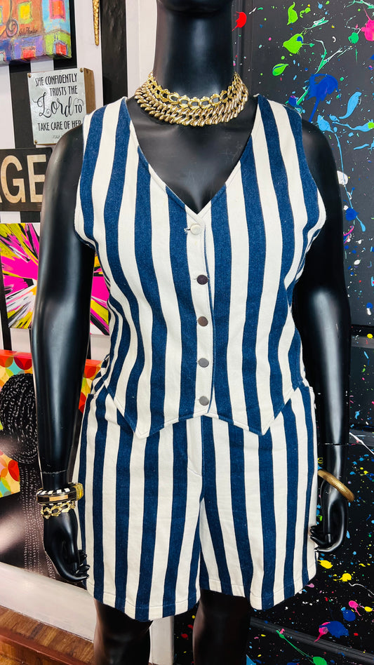 Vintage Striped Denim Vest & Short Set - Handmade (14)