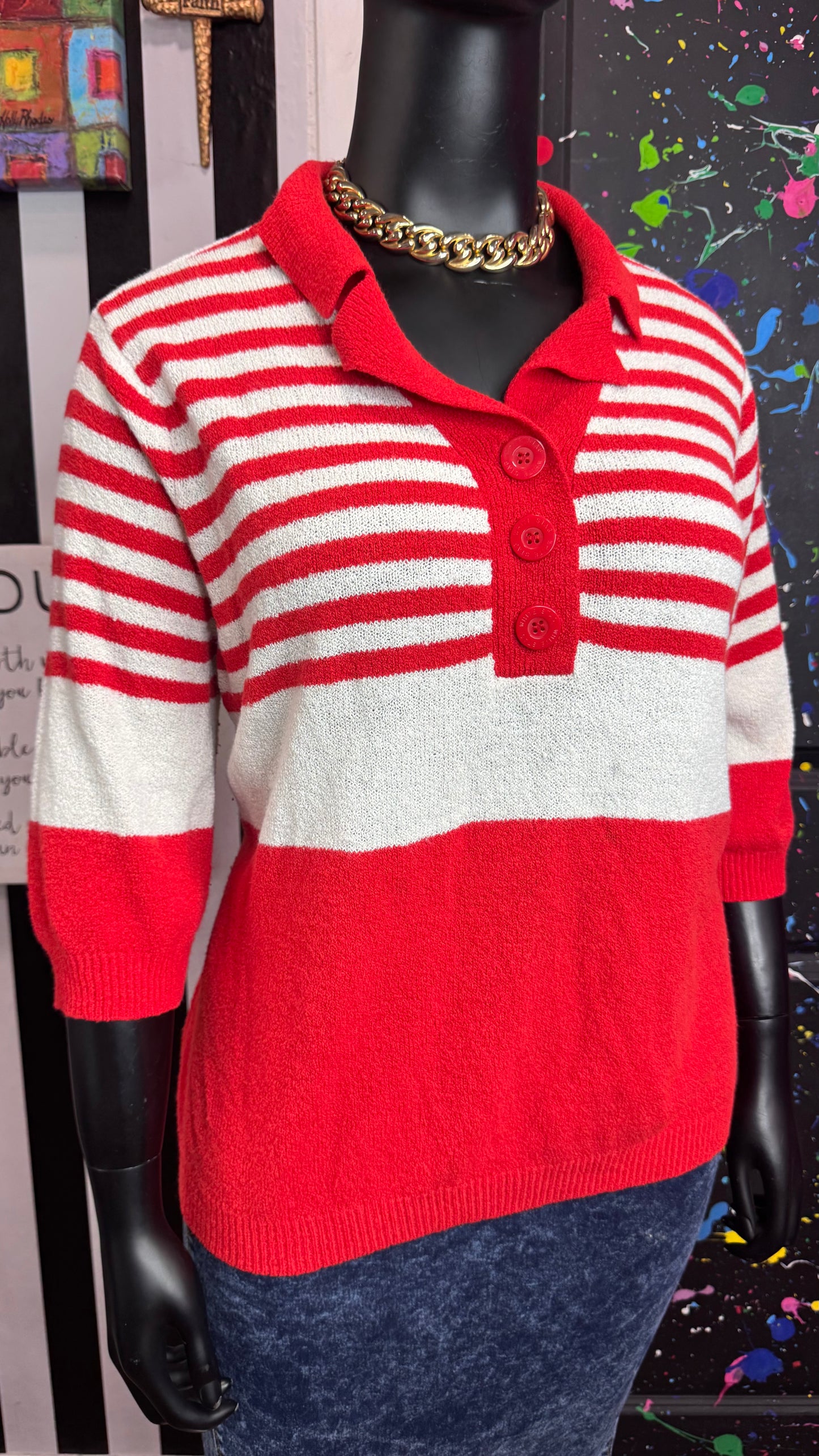 Vintage Red & White Striped Short Sleeve Blouse (24/26)
