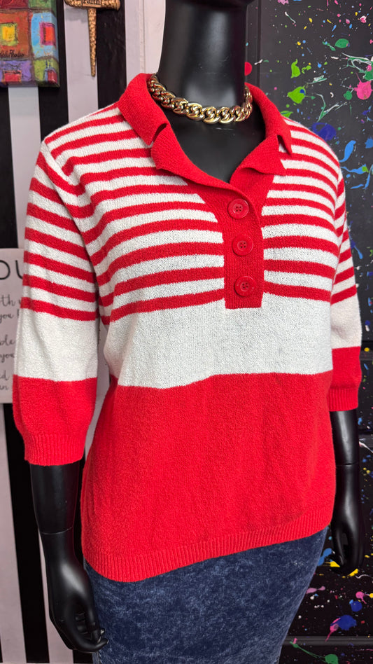 Vintage Red & White Striped Short Sleeve Blouse (24/26)