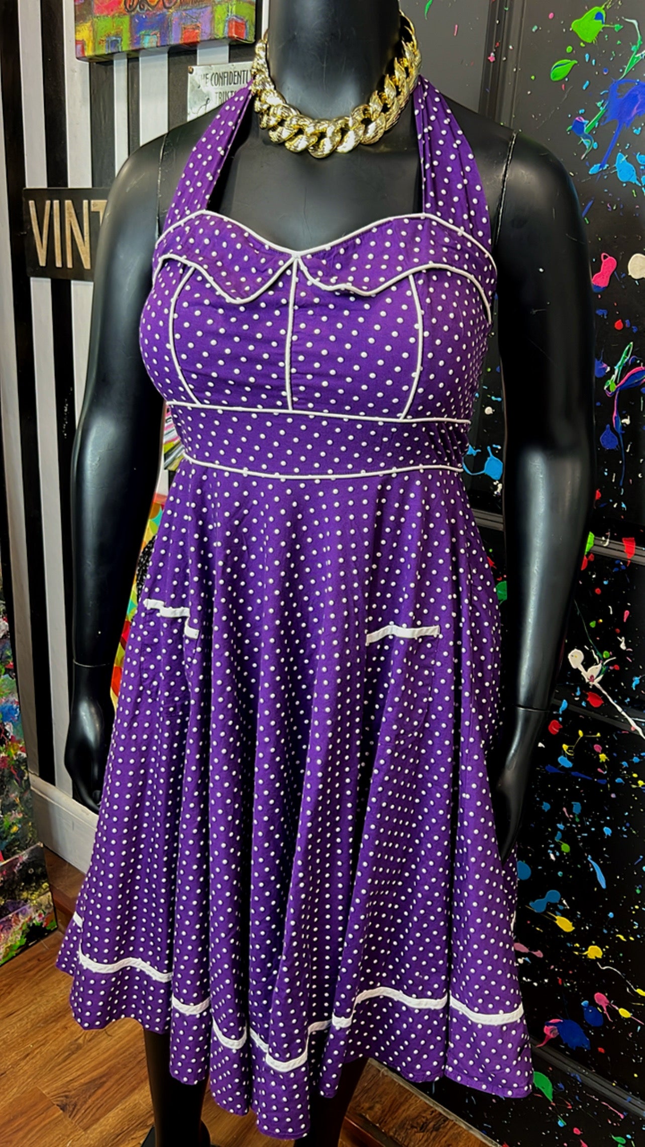 Vintage Inspired Cotton Purple & White Polka Dot Dress (12)