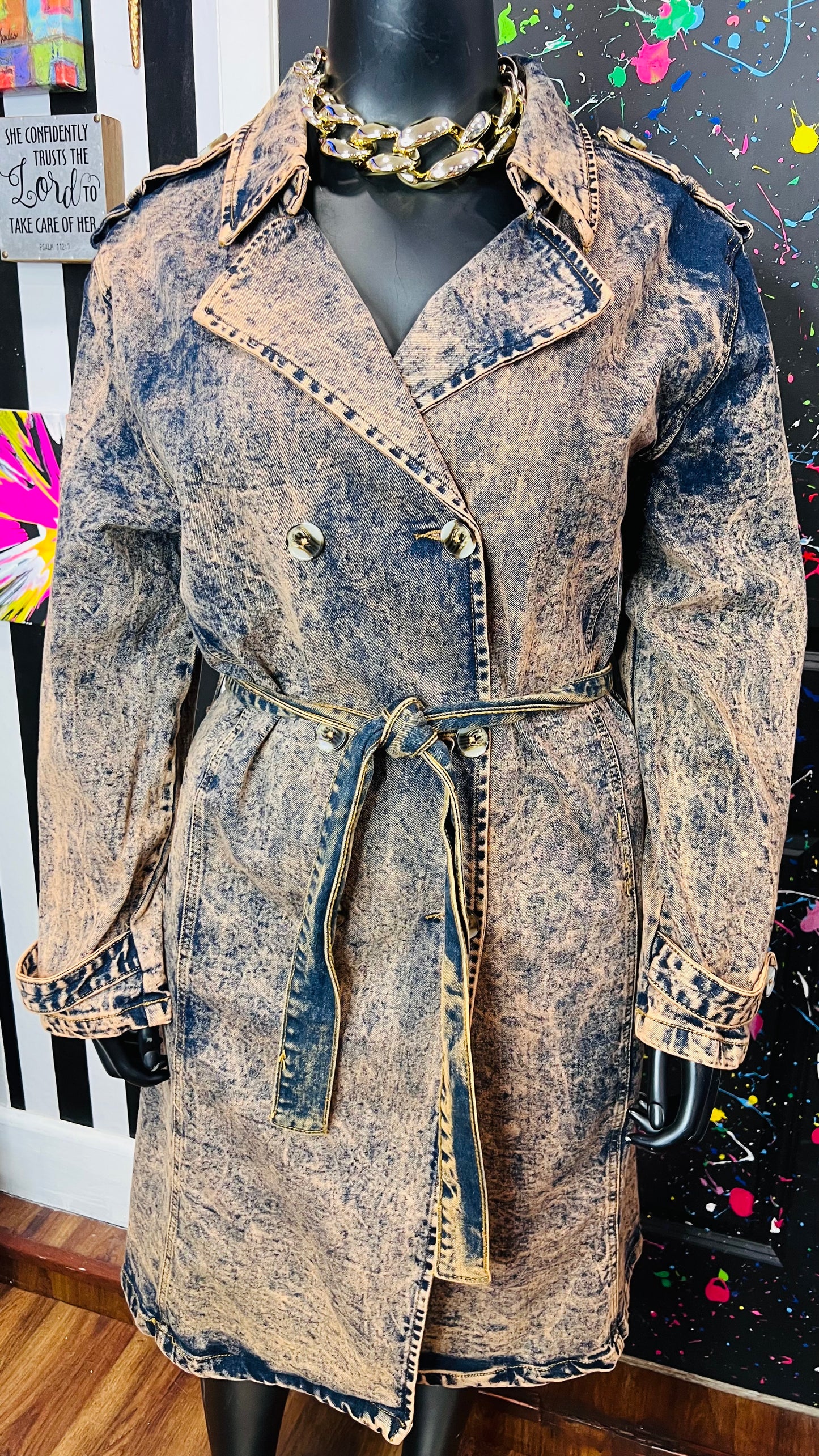 Denim Orange Tone Stone Wash Denim Trench Coat (20)