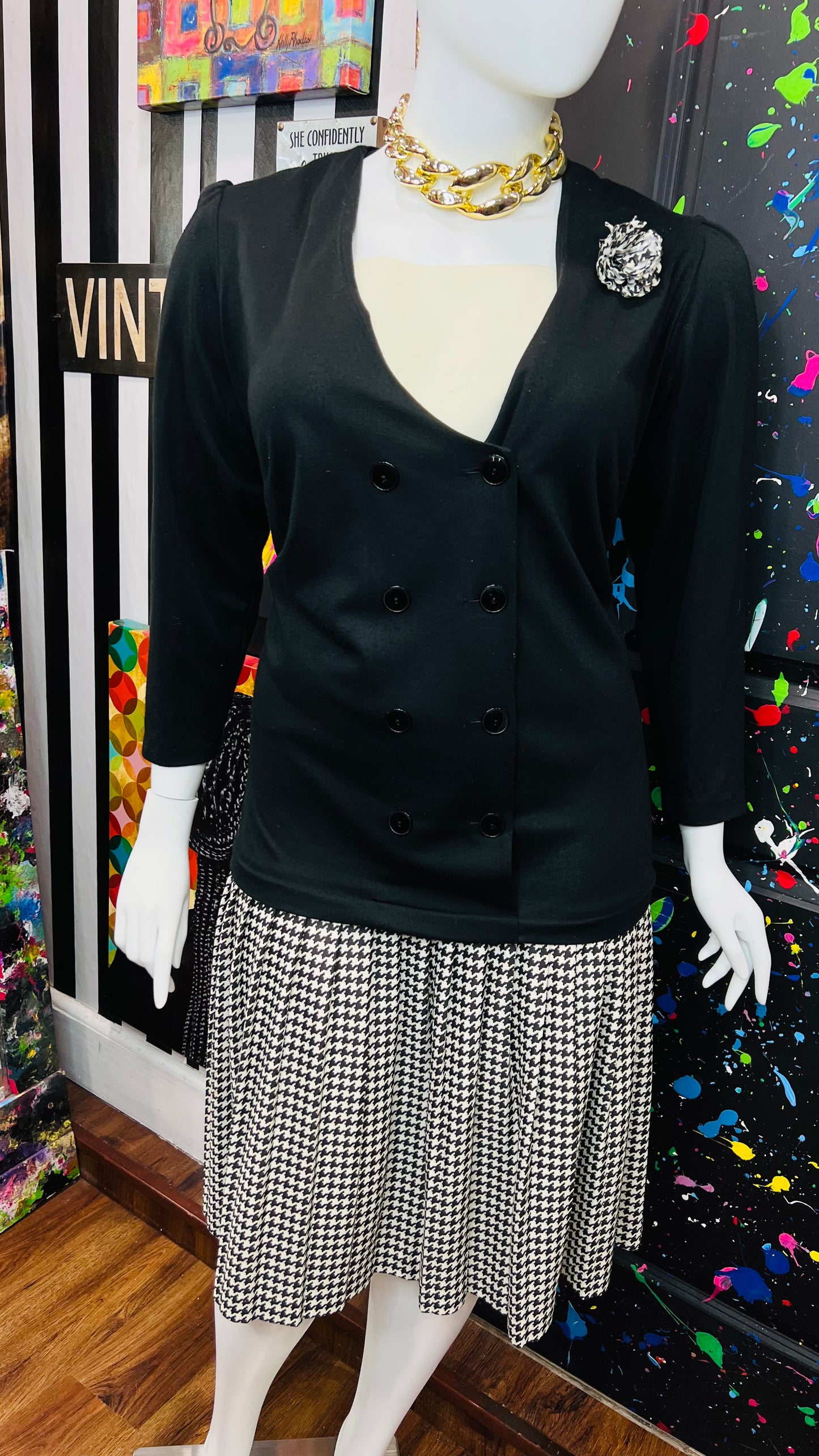 Vintage Houndstooth & Solid Black Dress (24W)