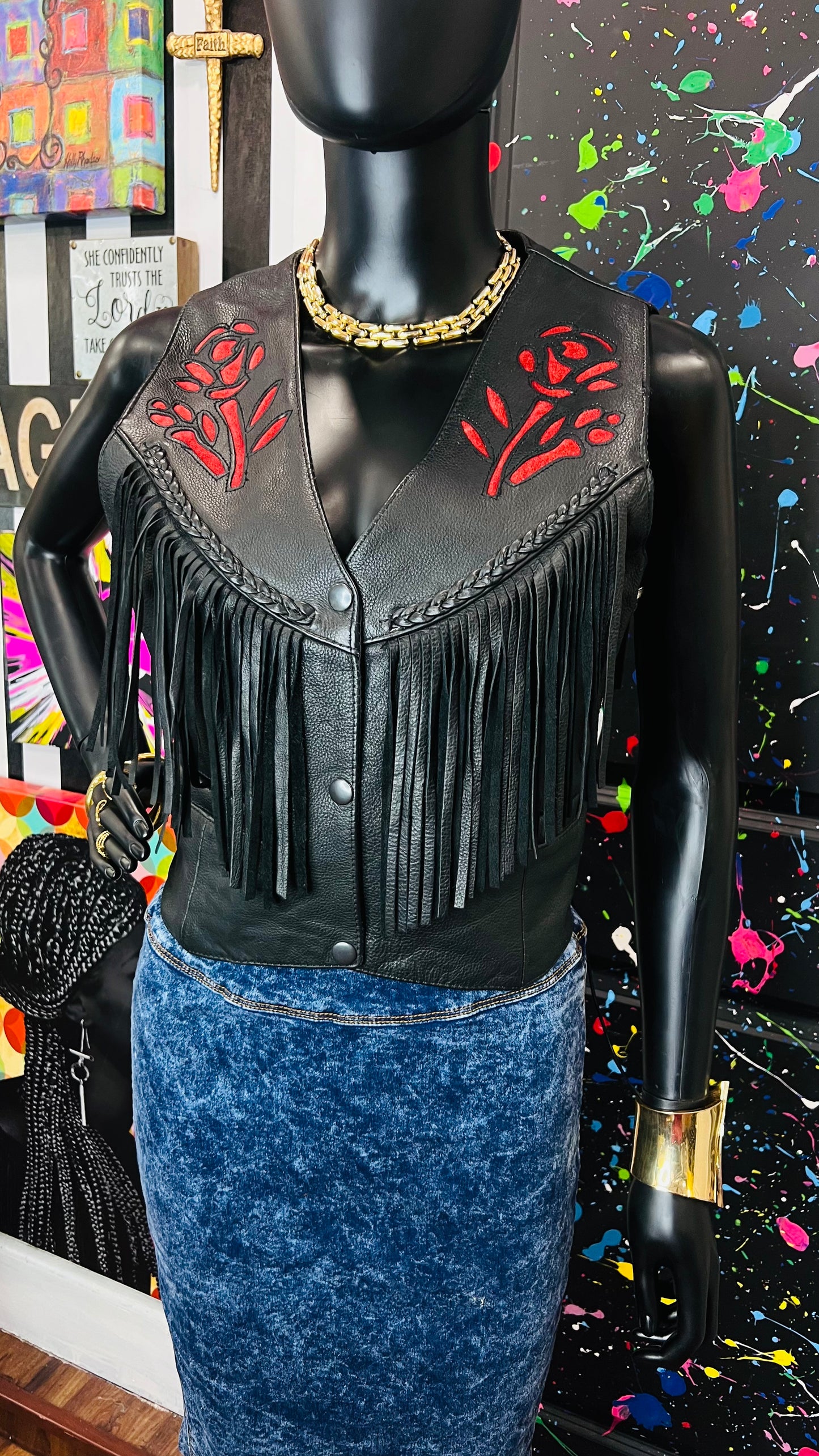 Vintage Genuine Leather Rose Fringe Vest (12)