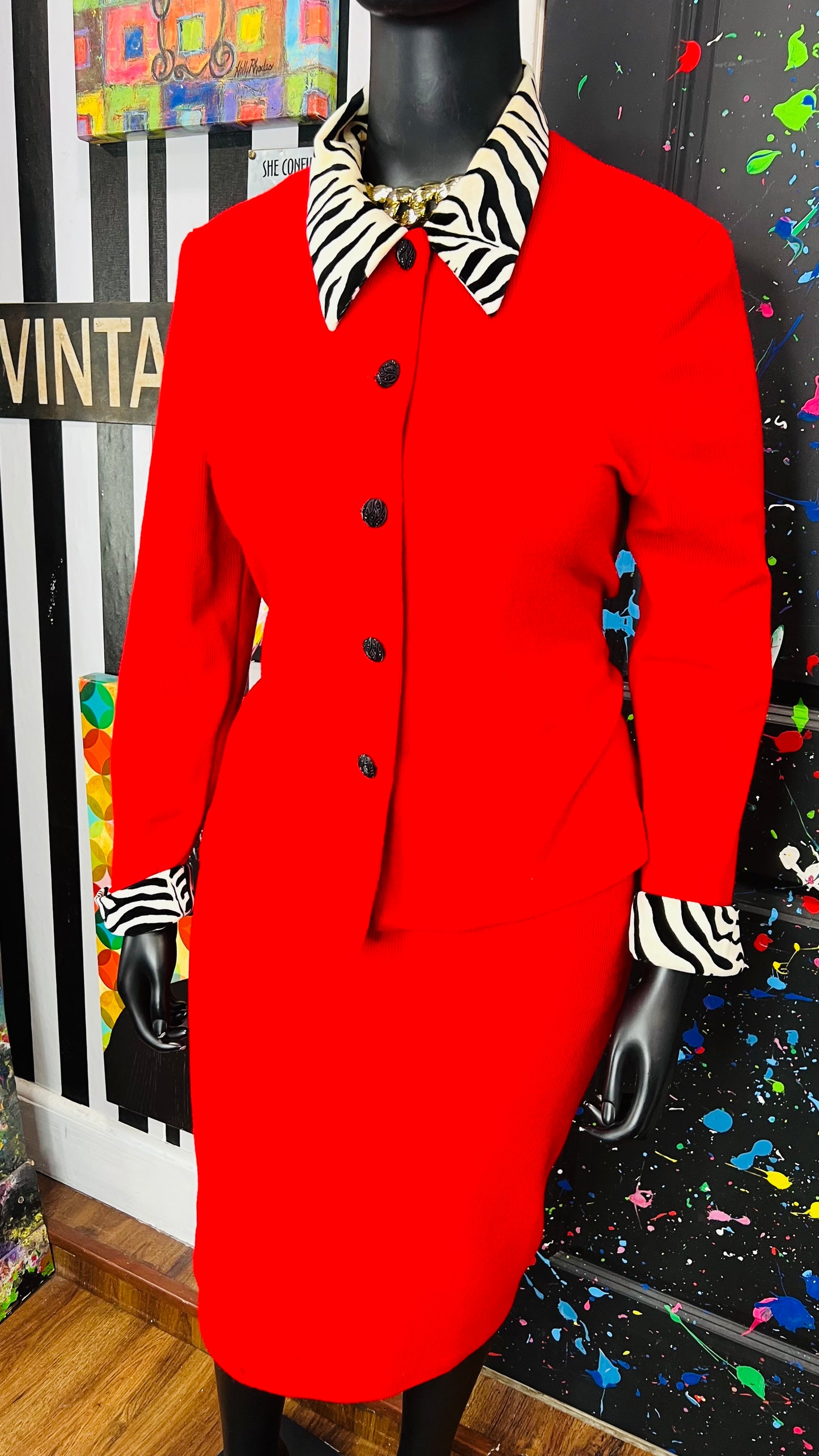 Vintage Red & Zebra Print Skirt Suit - Has Stretch (16)
