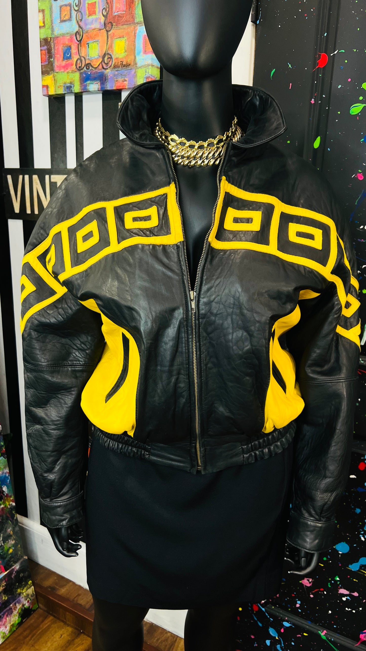 Vintage Genuine Leather Yellow & Black Tribal Print Coat (16/18)