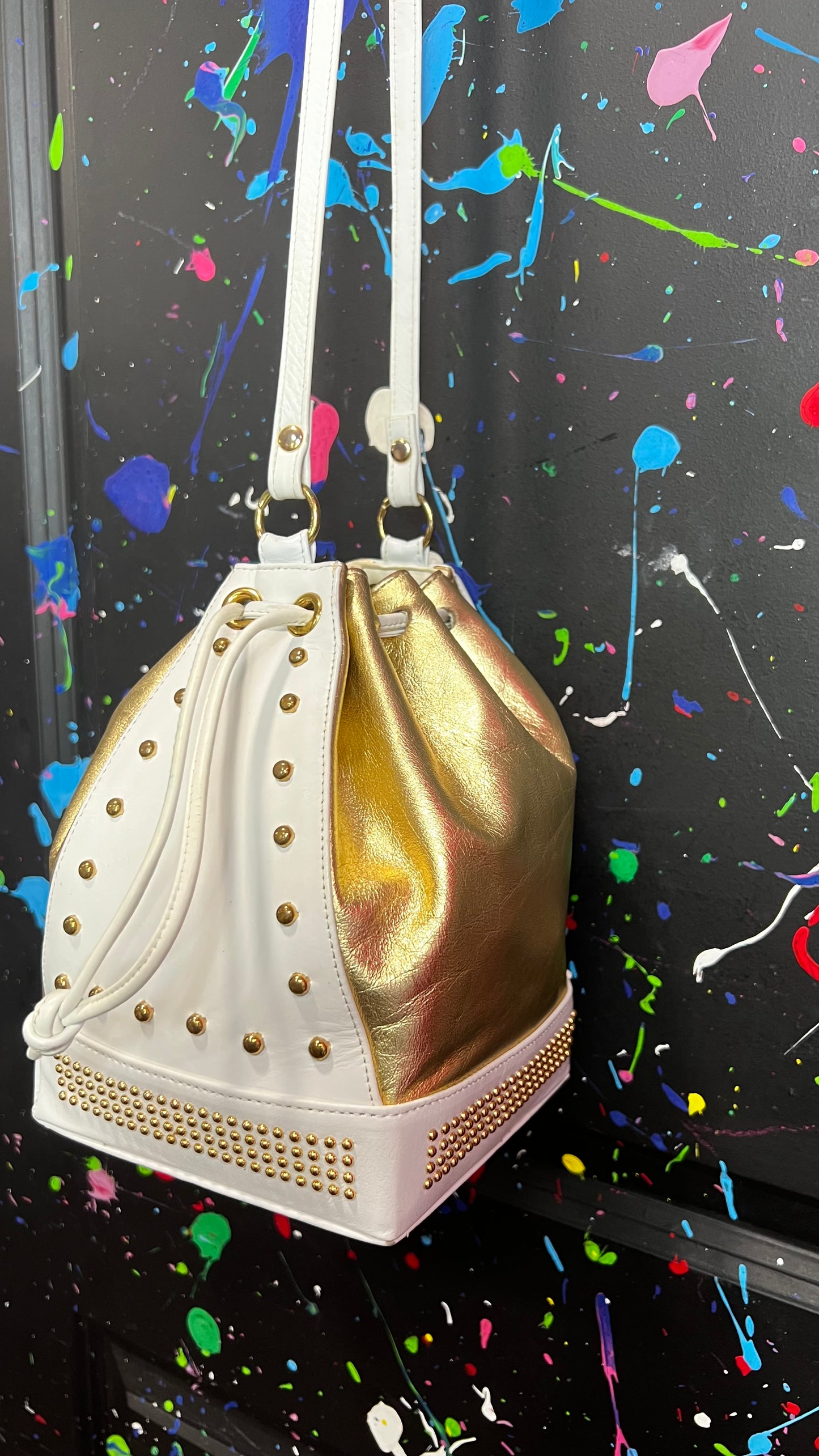 Vintage Genuine Leather Gold & White Studded Bucket Bag