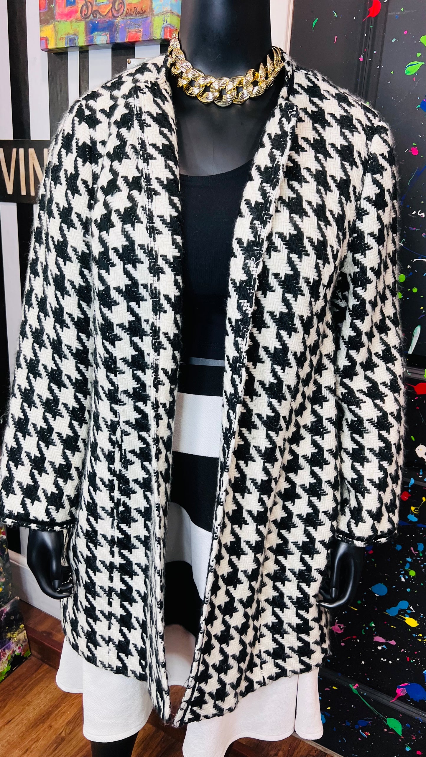 Vintage Black & White Houndstooth Wool Coat (20W)