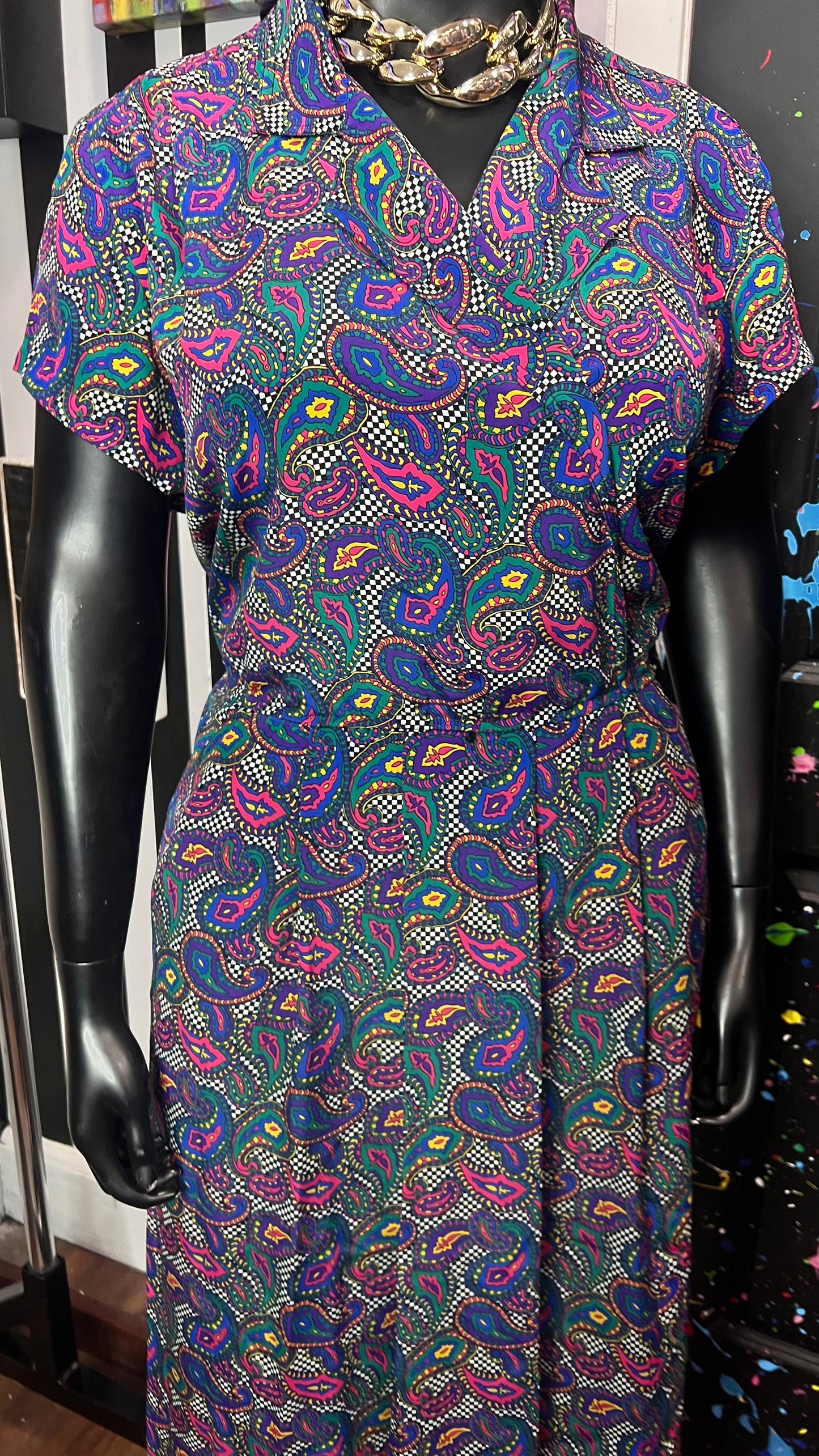 Vintage Checkered Paisley Dress (14W)