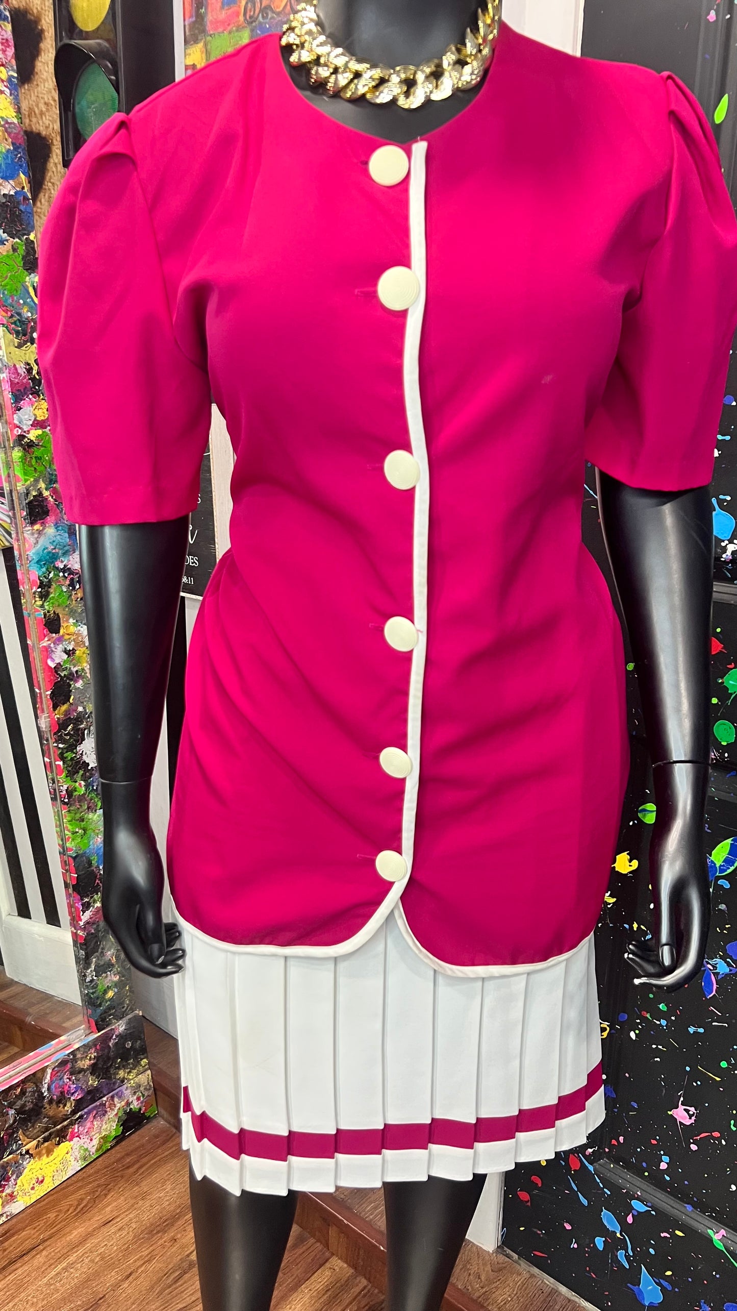 Vintage Pink & White Pleated Skirt Set (18)