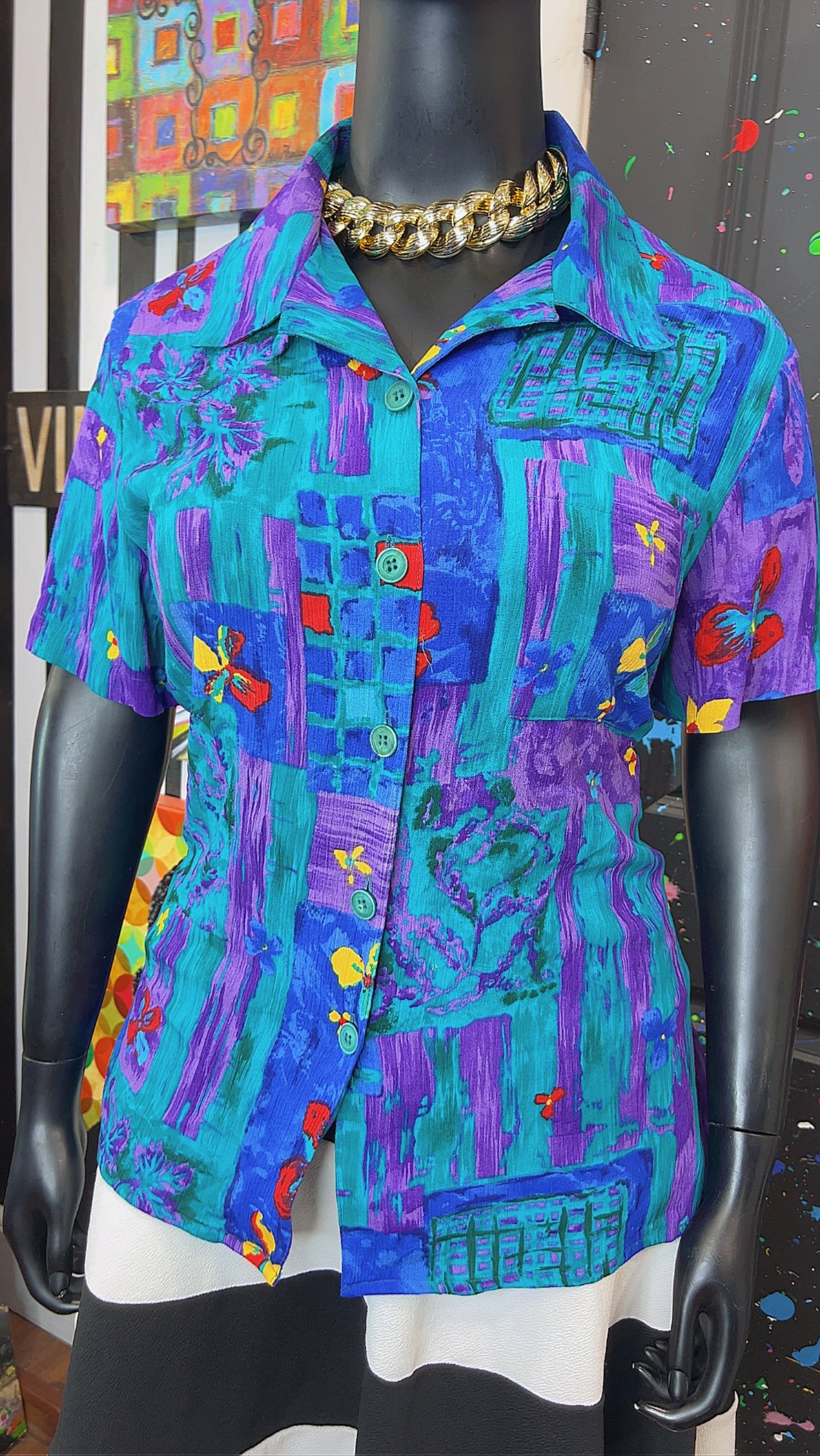 Vintage Rayon Watercolor Floral Blouse (22)