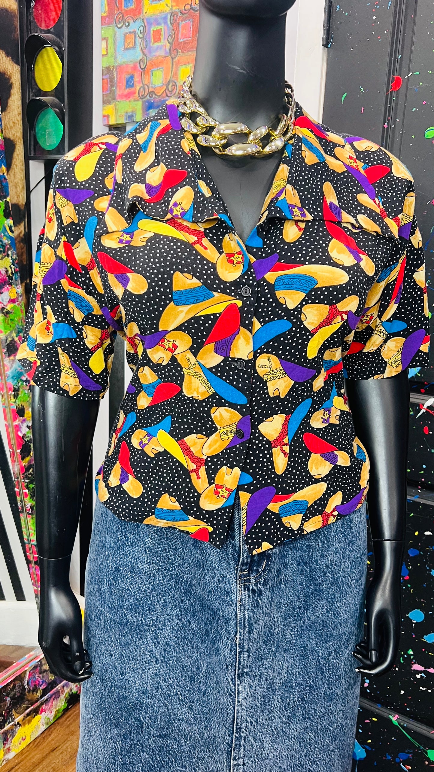 Vintage Rayon Polka Dot & Cowboy Hat Cropped Blouse (22)
