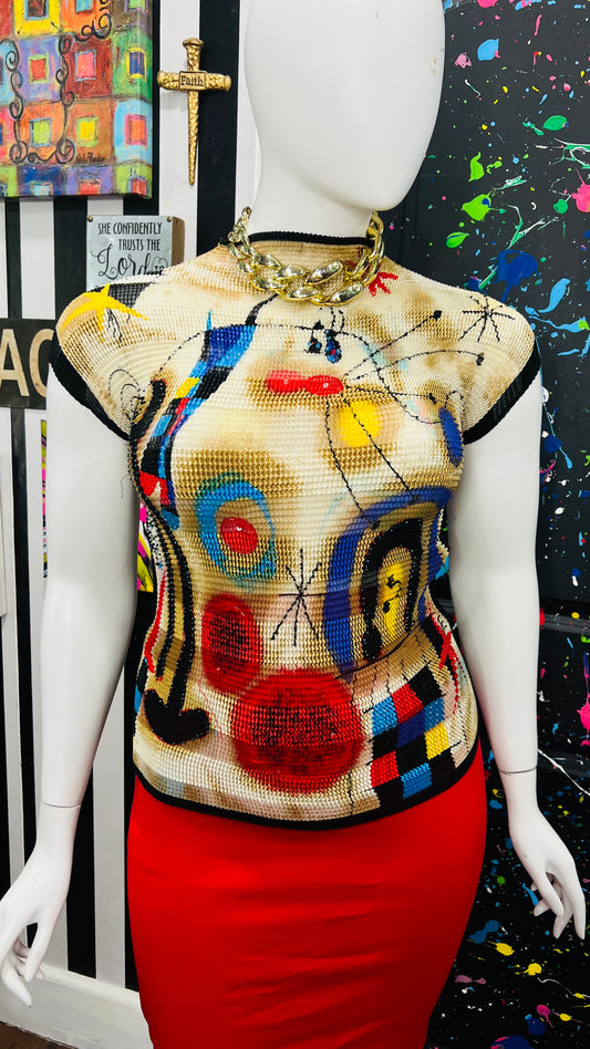 Vintage Color Block Accordion Style Blouse (OS)
