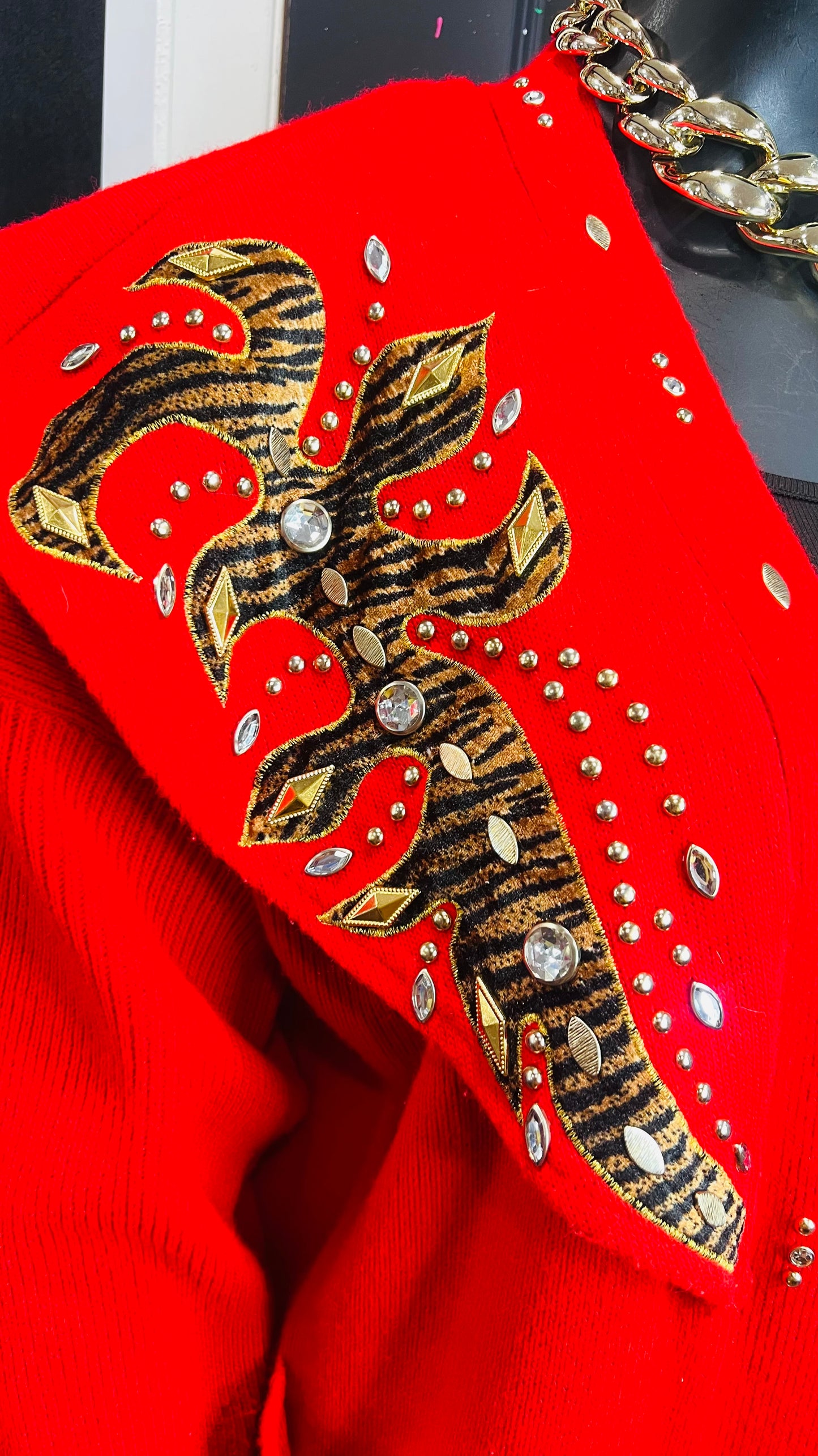 Vintage Red Knit Jeweled & Animal Print Sweater (OS)