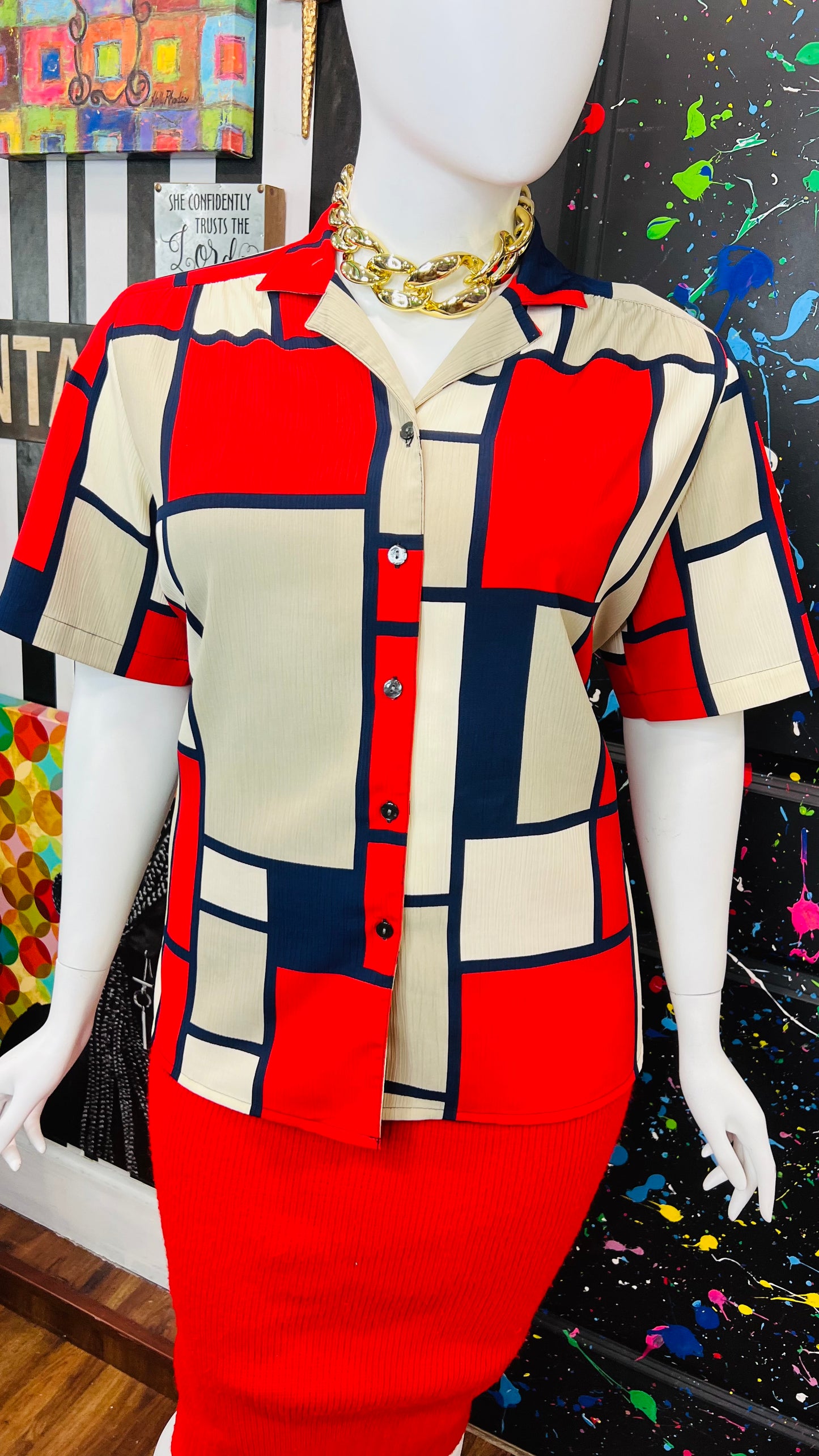 Vintage Navy Blue, Red & Cream Block Blouse (18W)