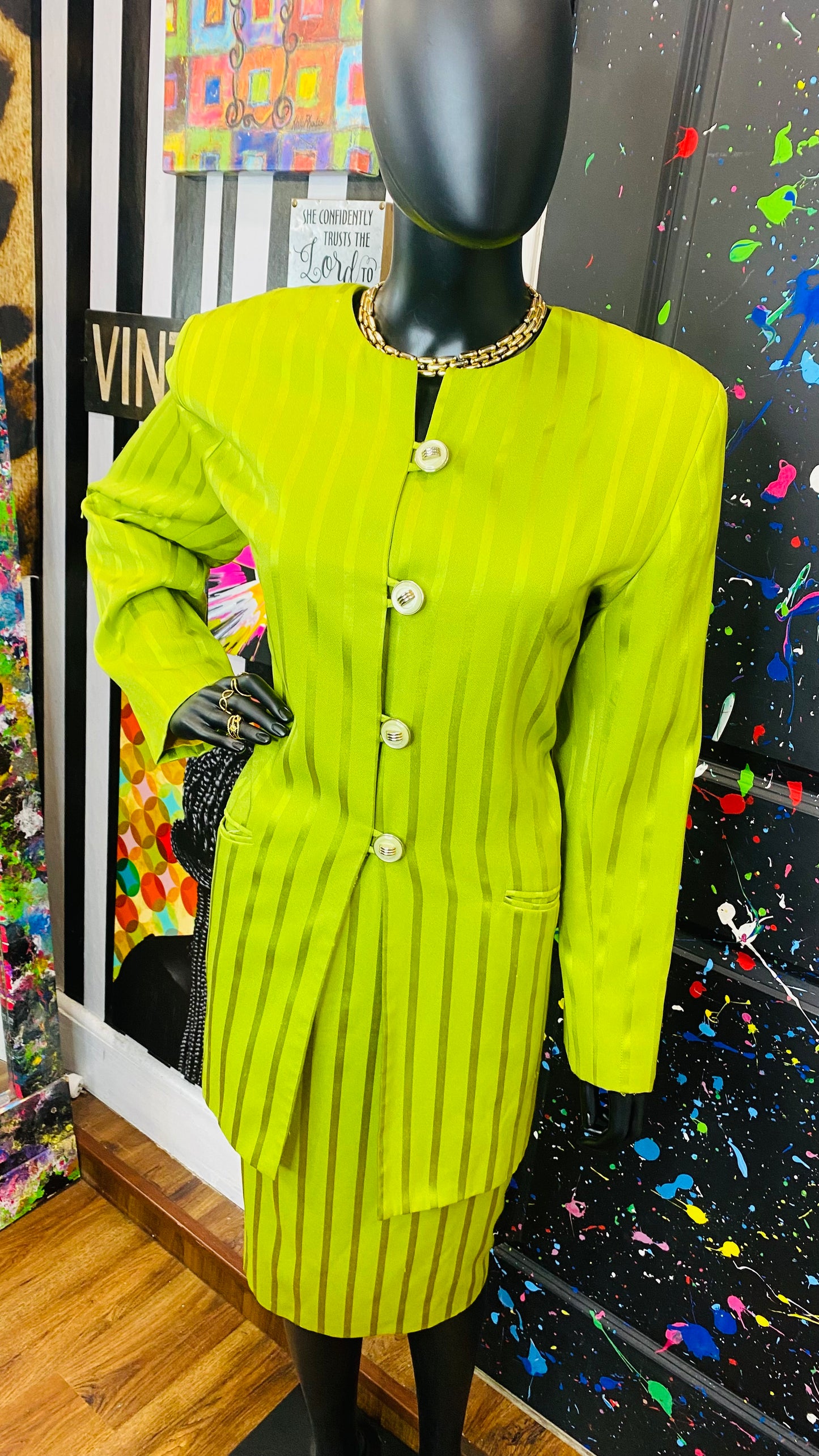 Vintage Green Striped Skirt Suit (14)